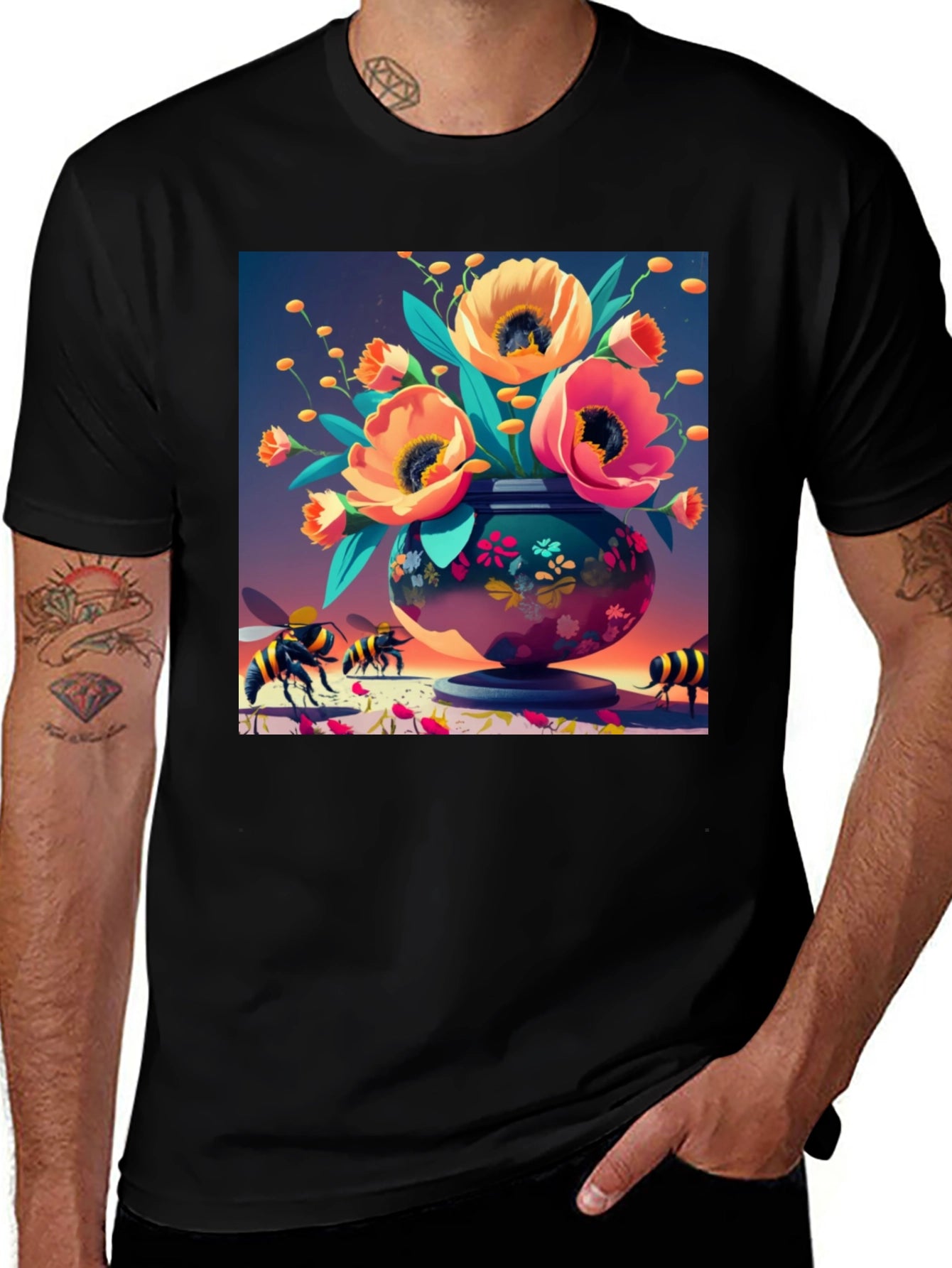 Floral Vase Bee Print T-Shirt - Black