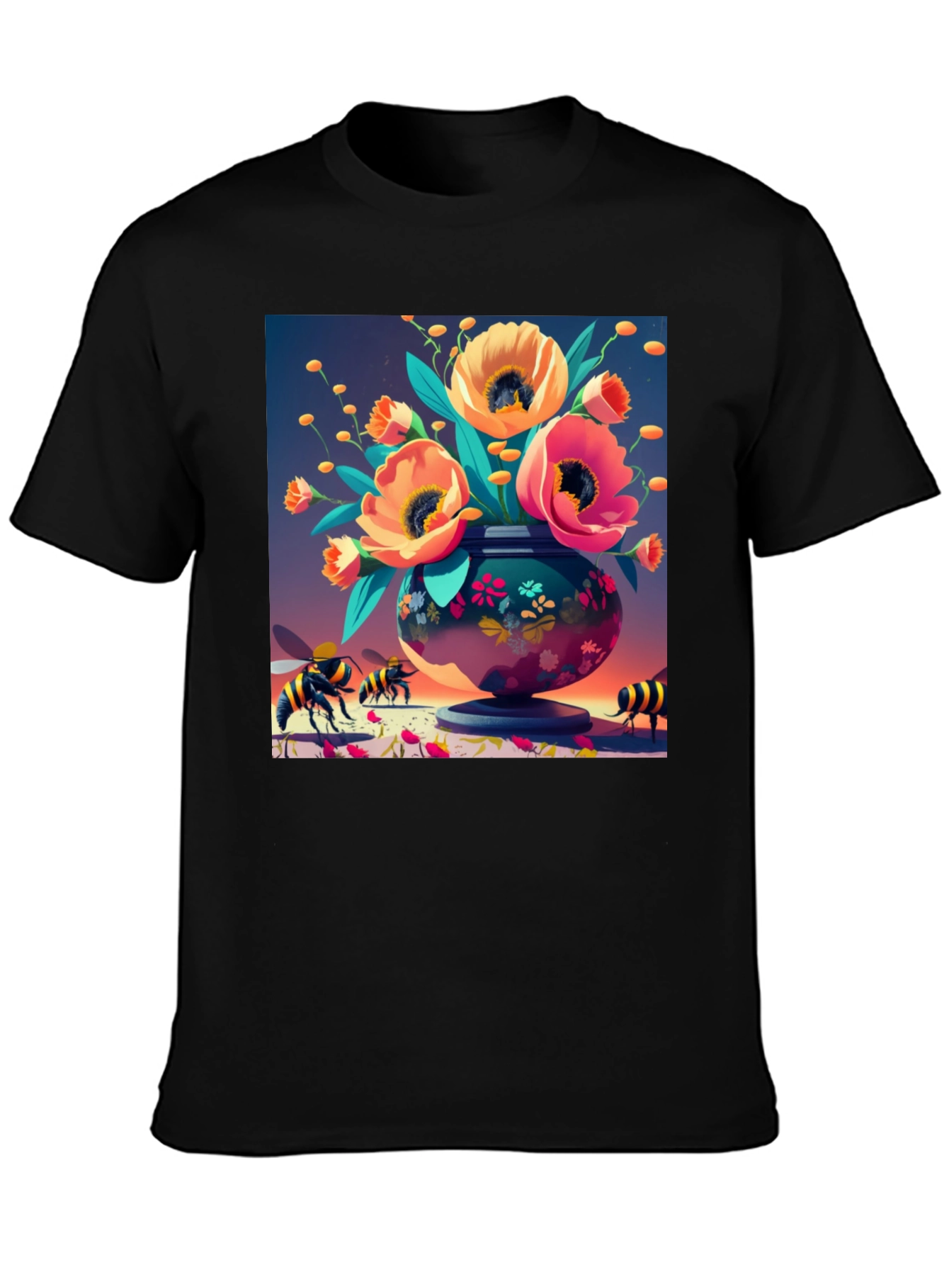 Floral Vase Bee Print T-Shirt - Black