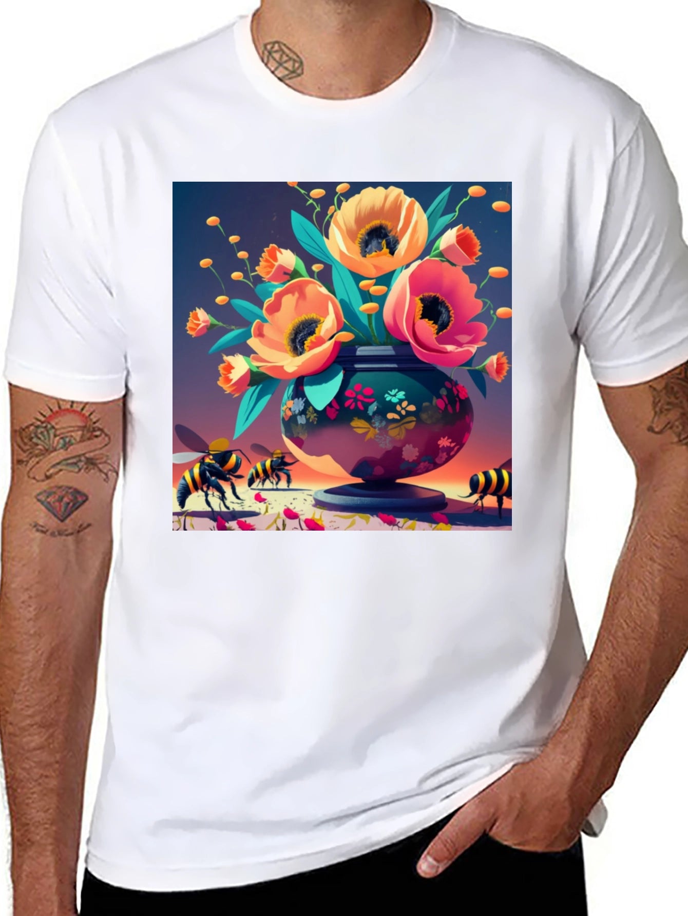 Floral Vase Bee Print T-Shirt - Black