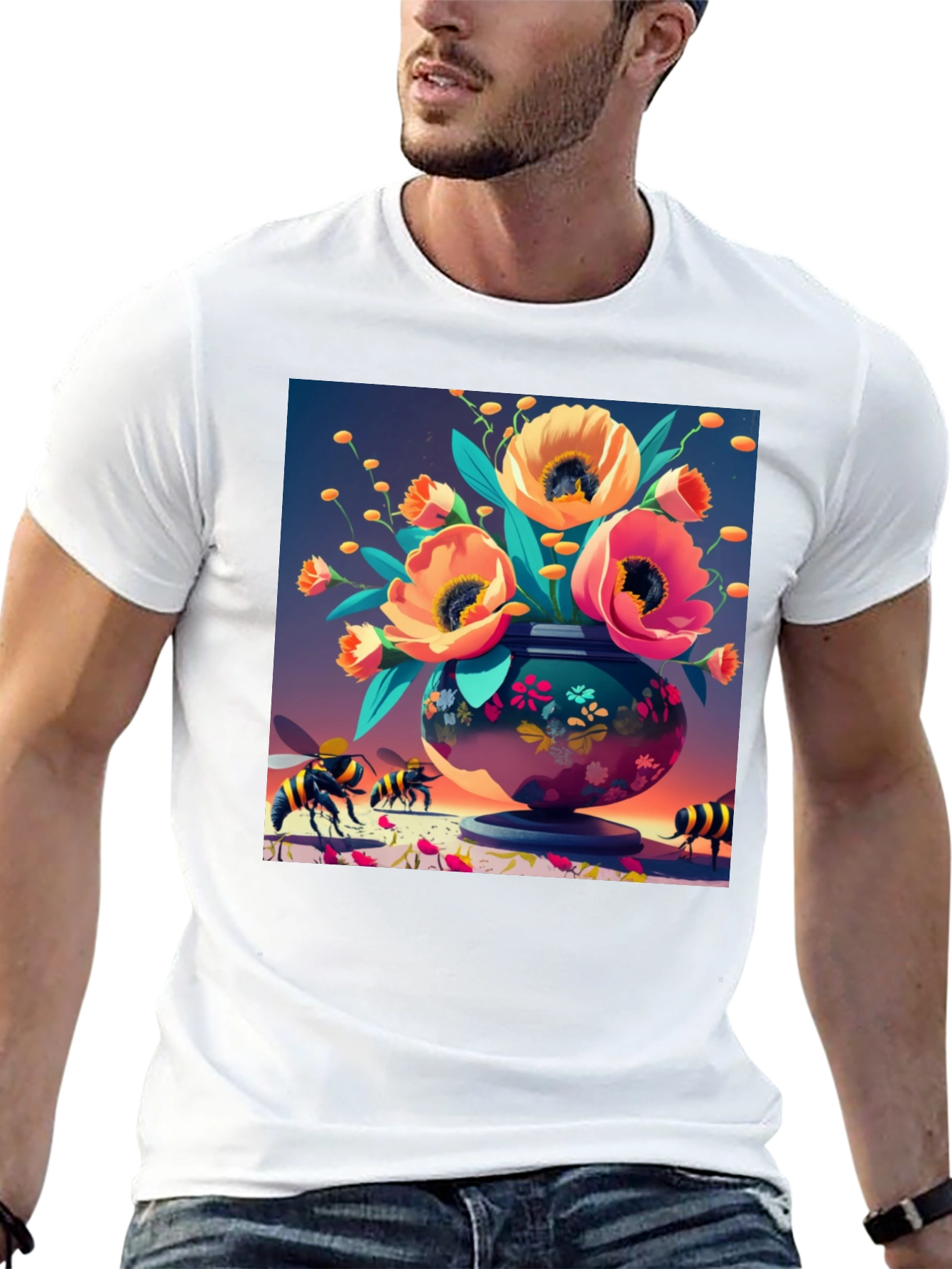 Floral Vase Bee Print T-Shirt - Black