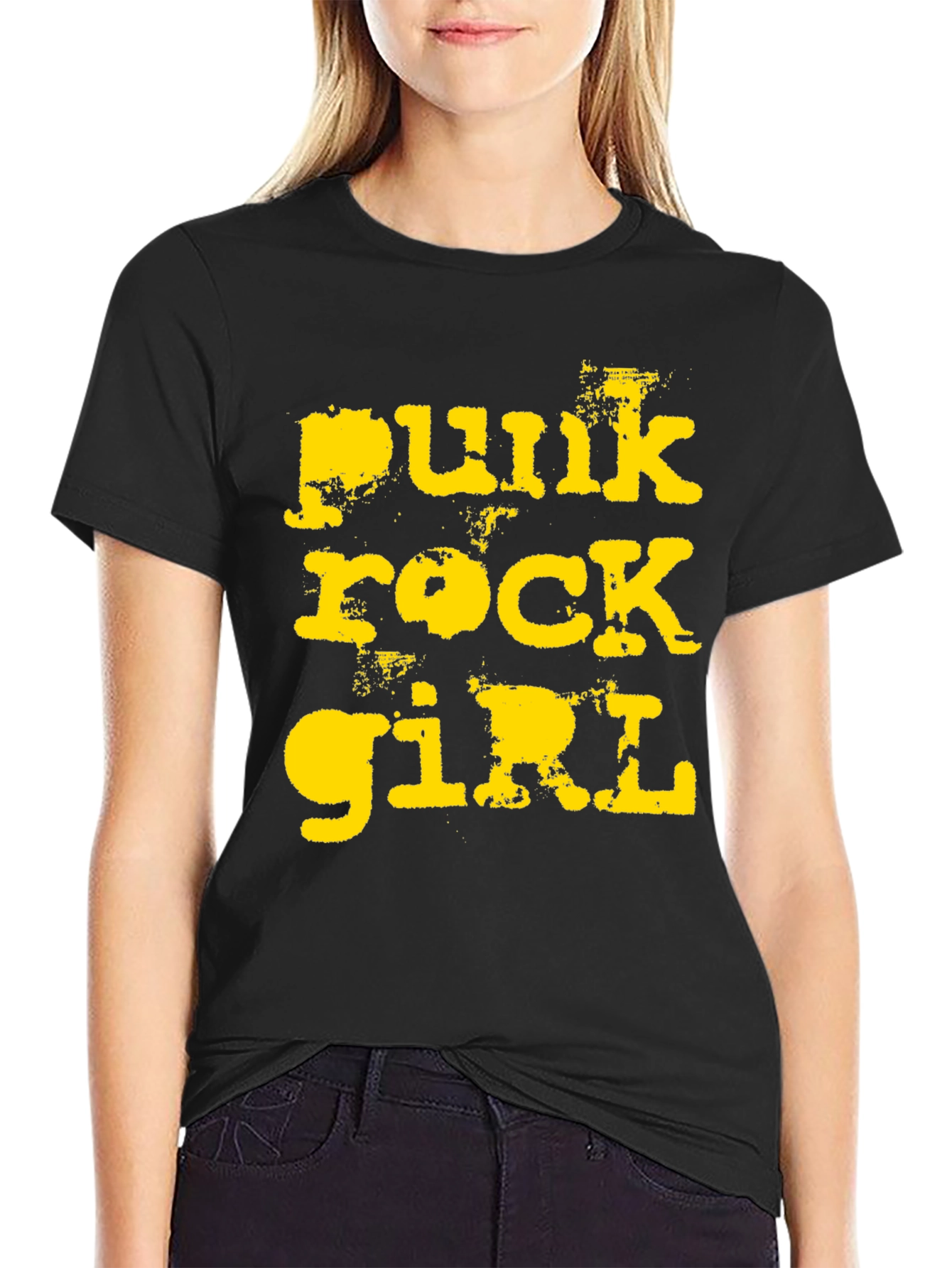 Punk Rock Girl T-Shirt - Distressed Yellow Print