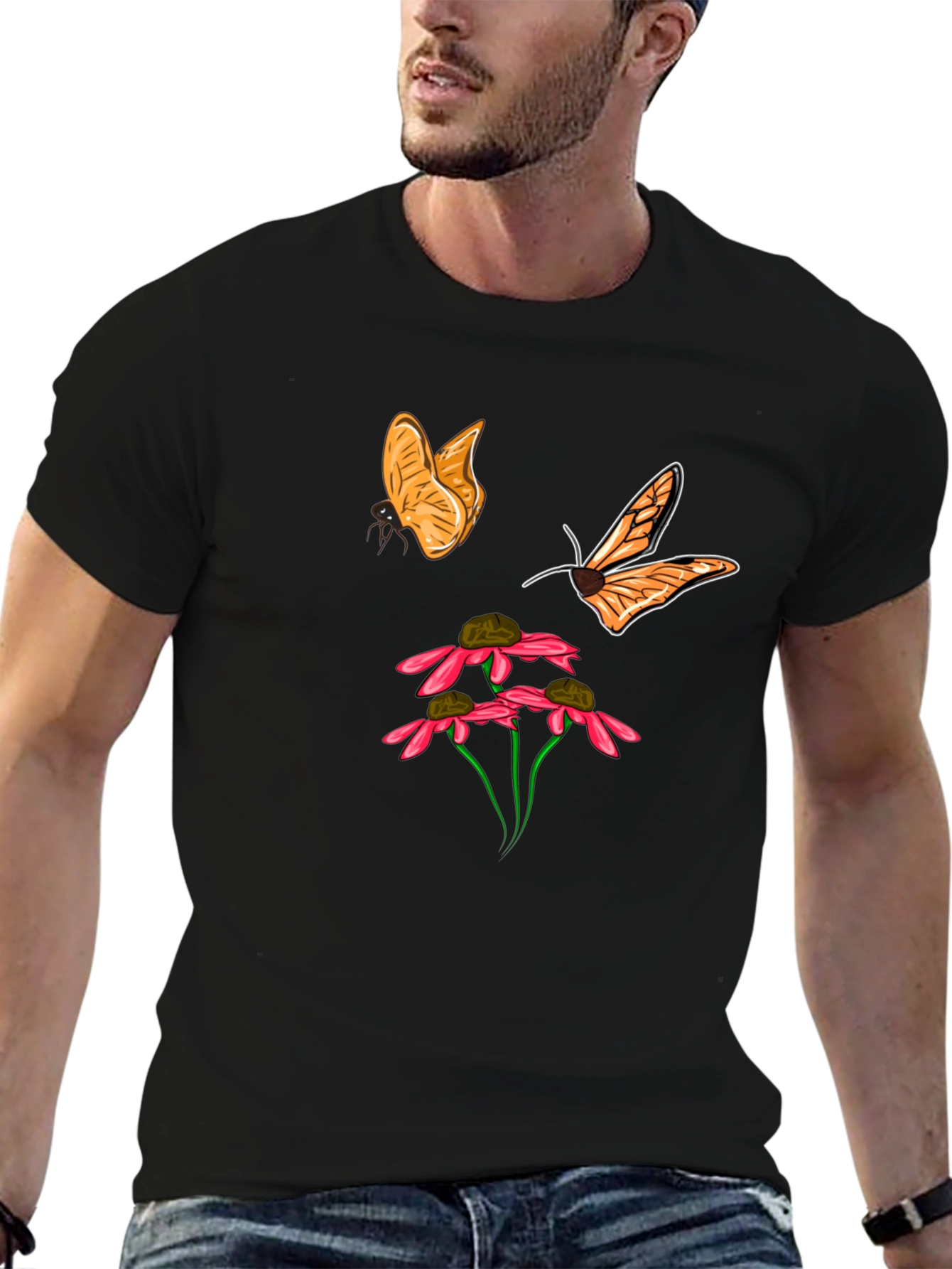 Butterfly and Flower Graphic Black T-Shirt