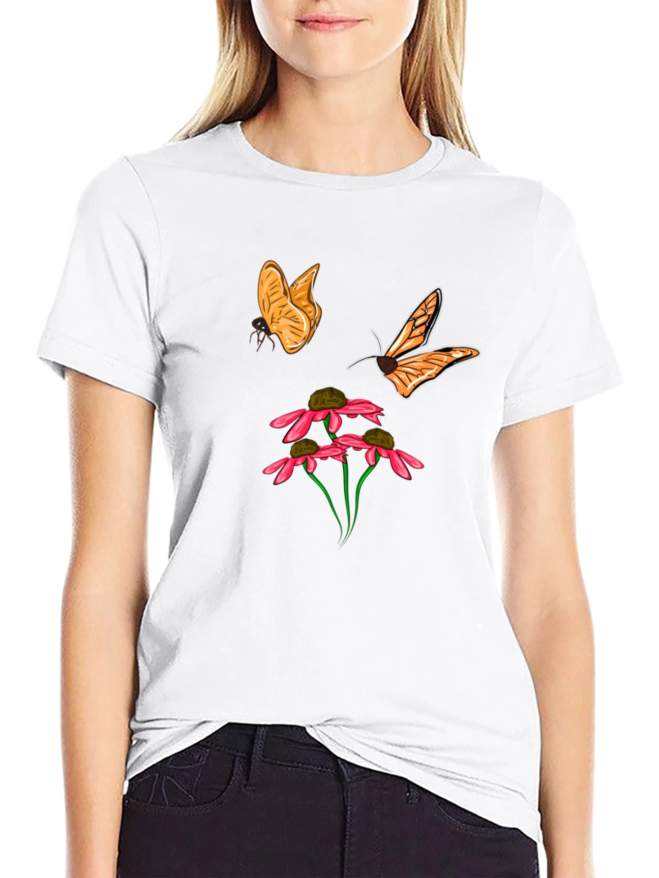 Butterfly and Flower Graphic Black T-Shirt