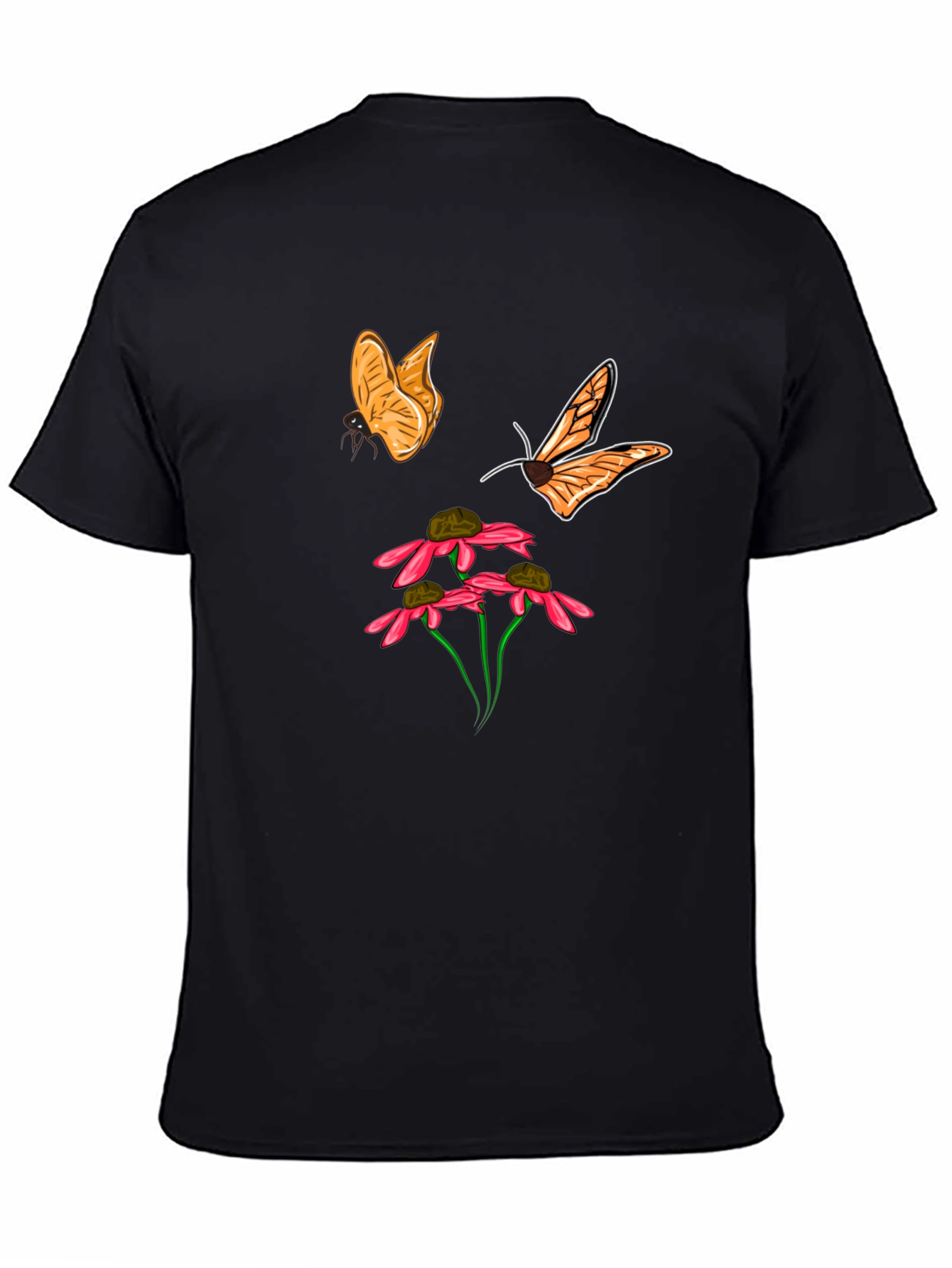 Butterfly and Flower Graphic Black T-Shirt