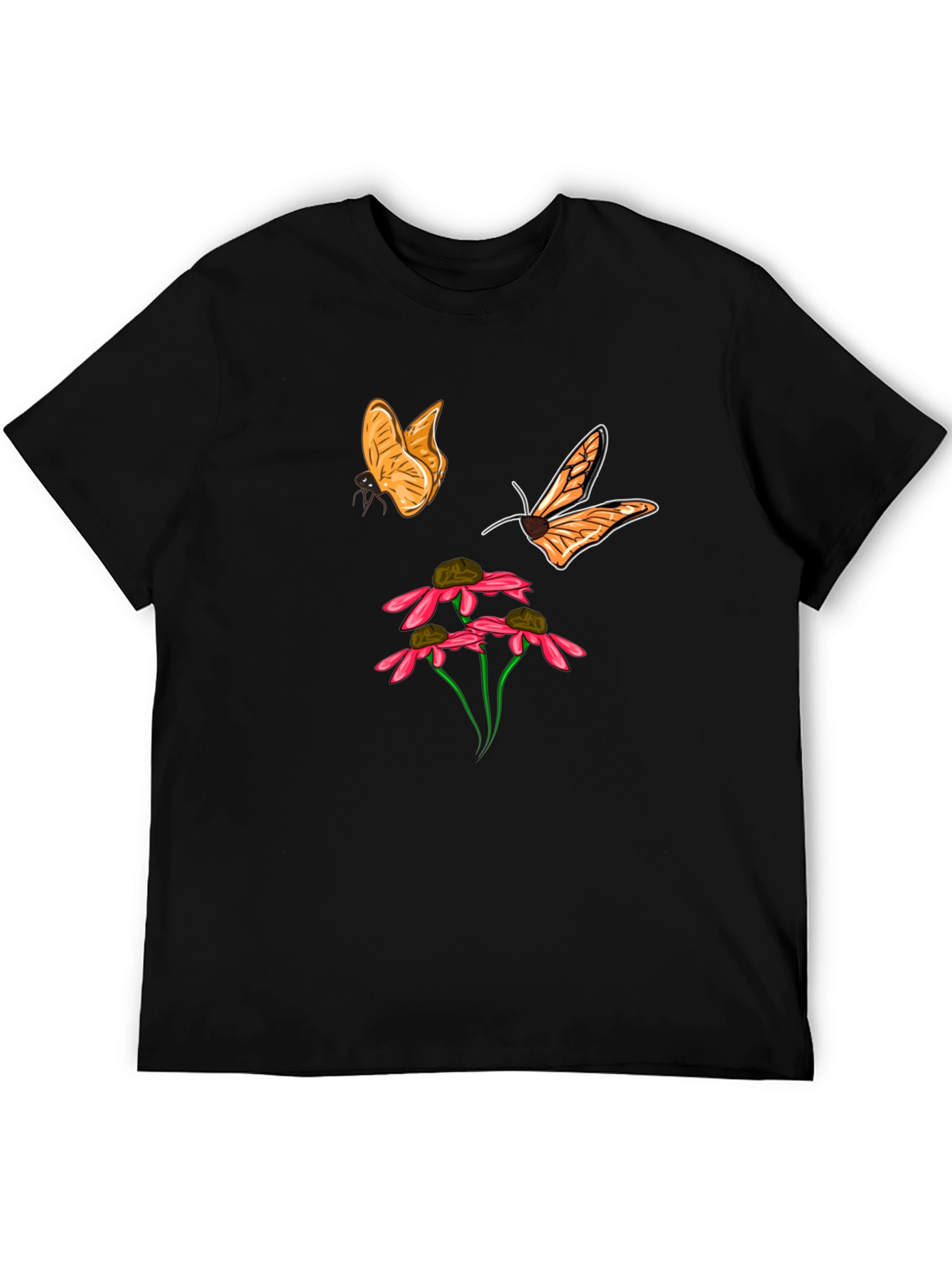 Butterfly and Flower Graphic Black T-Shirt