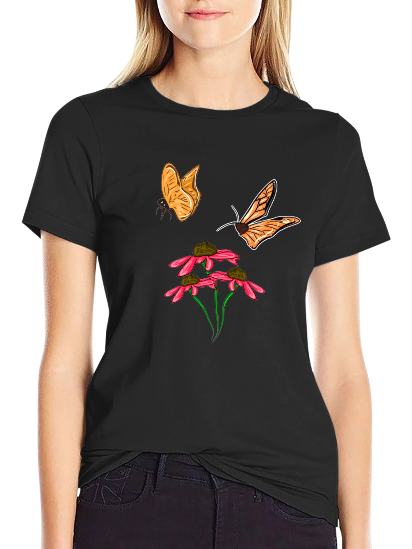 Butterfly and Flower Graphic Black T-Shirt