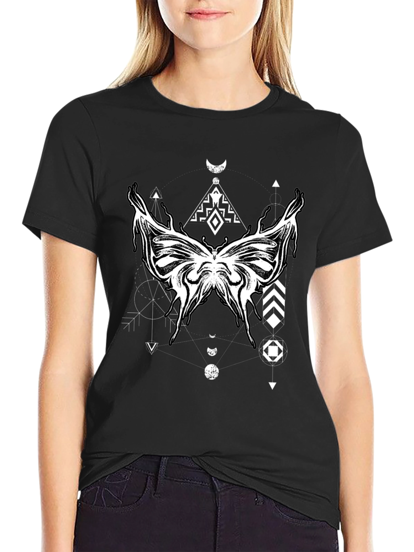 Geometric Butterfly Graphic Black T-Shirt