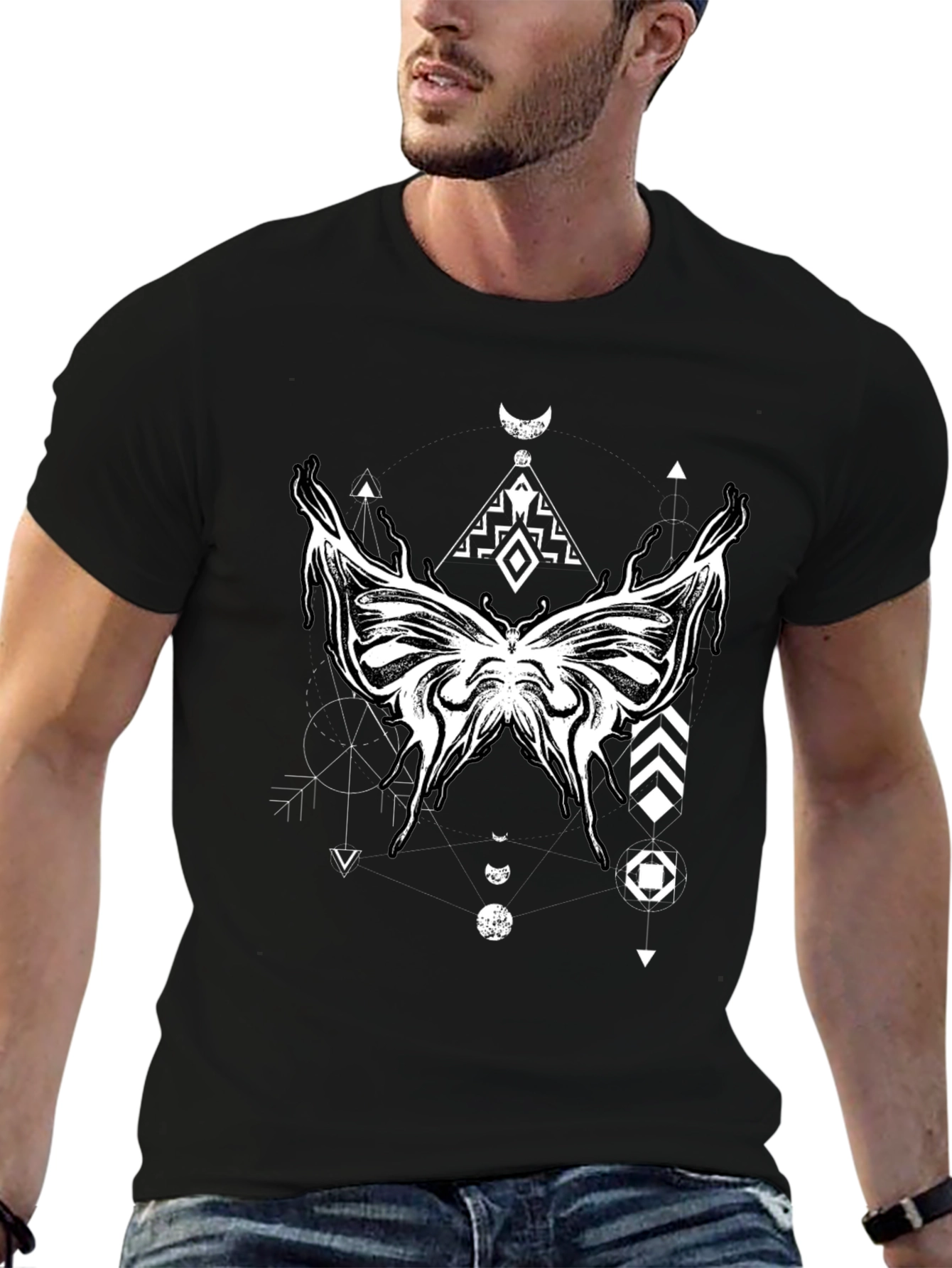 Geometric Butterfly Graphic Black T-Shirt