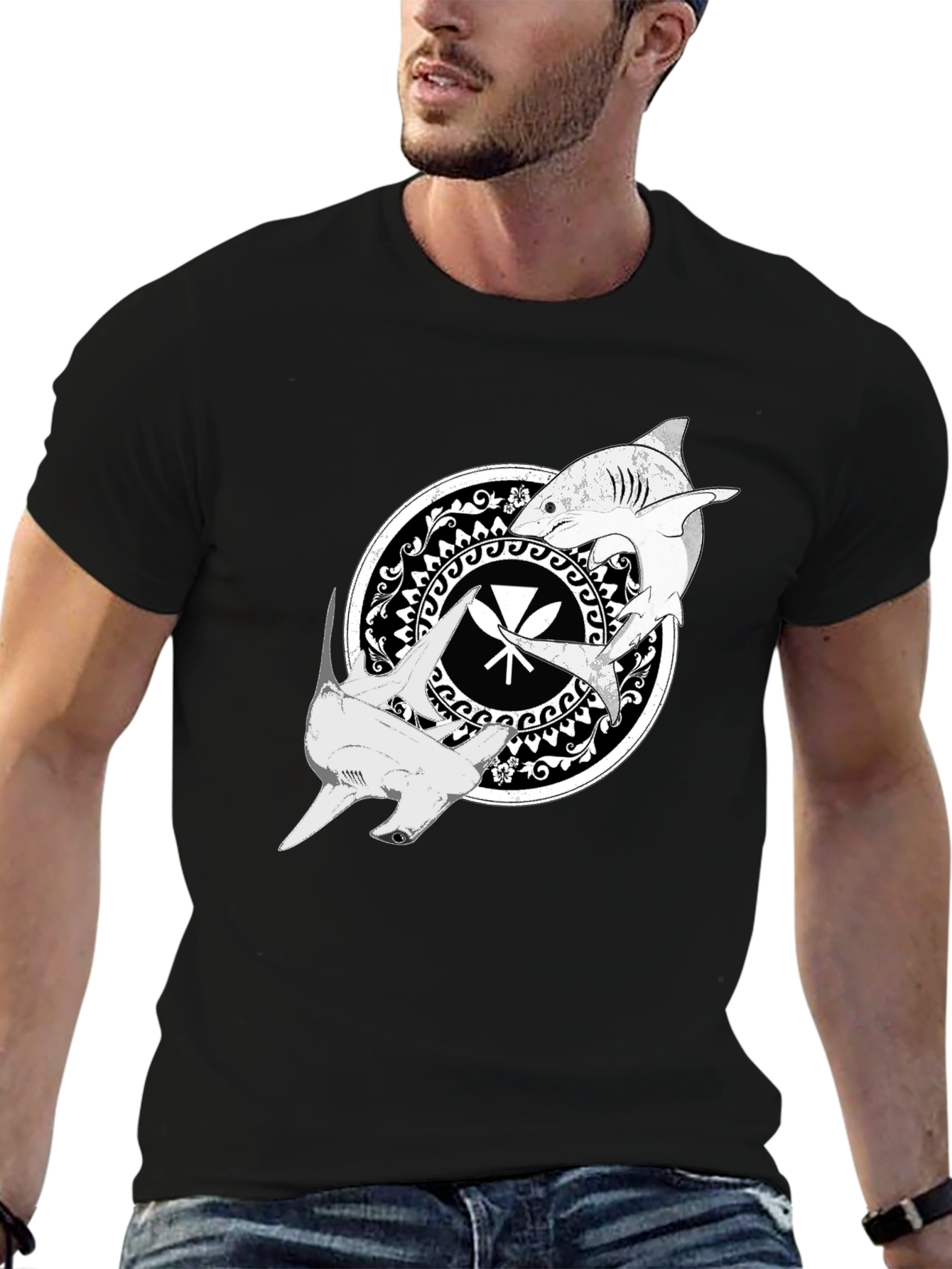 Shark Circle Graphic T-Shirt - Black