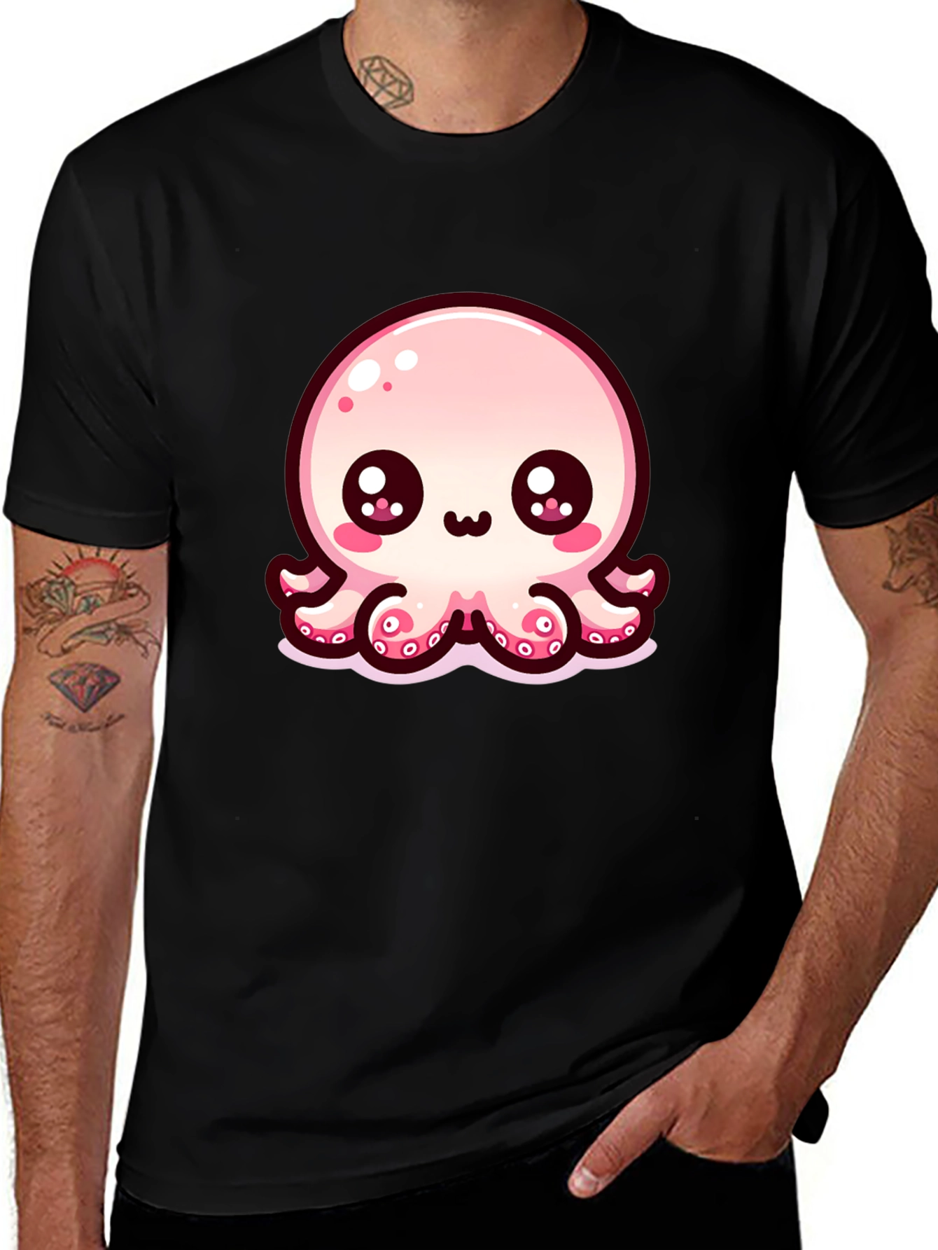 Cute Cartoon Octopus Black T-Shirt