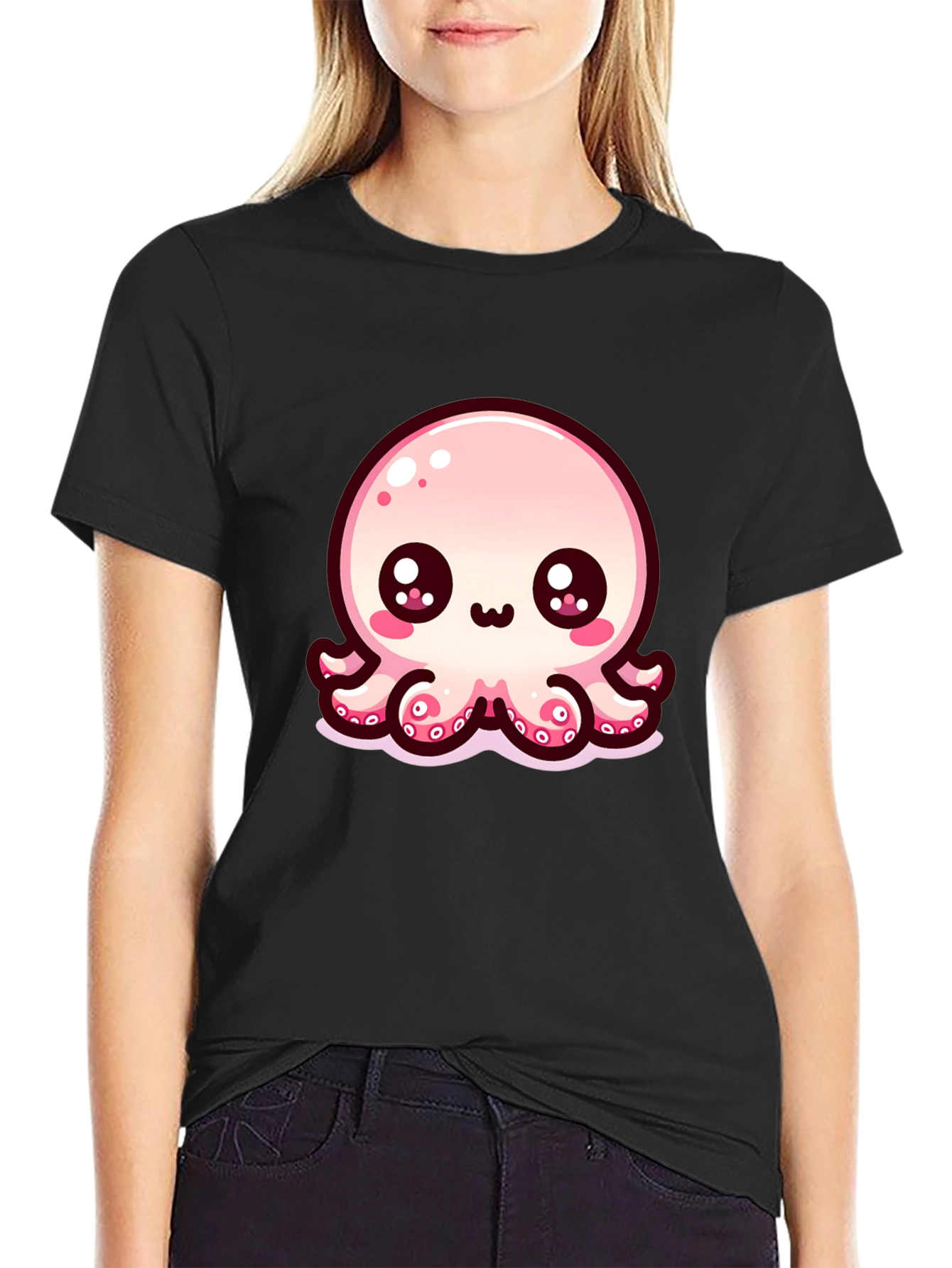 Cute Cartoon Octopus Black T-Shirt