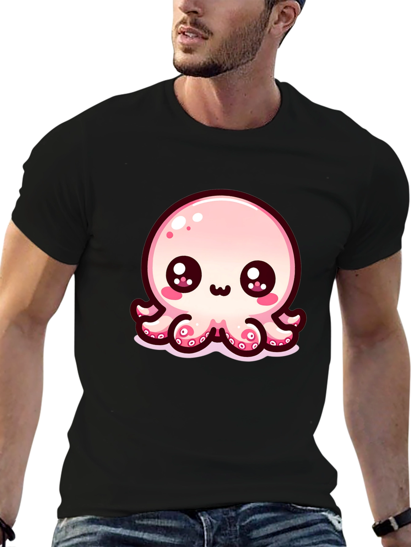 Cute Cartoon Octopus Black T-Shirt