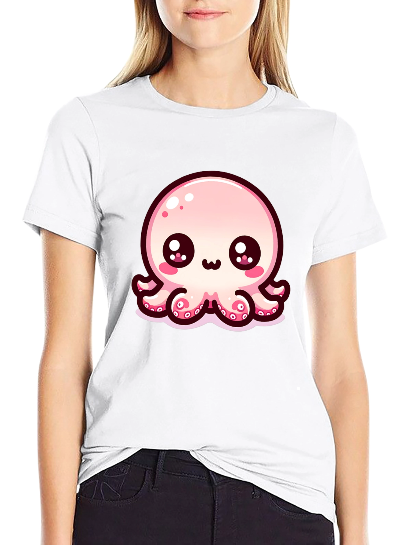 Cute Cartoon Octopus Black T-Shirt