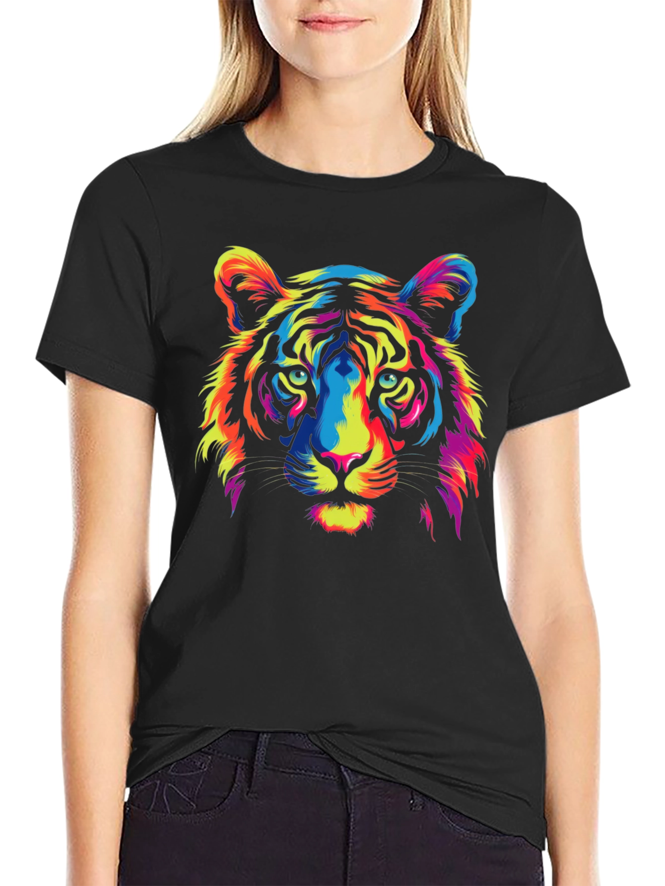 Vivid Tiger Graphic Tee - Black Cotton Crew Neck