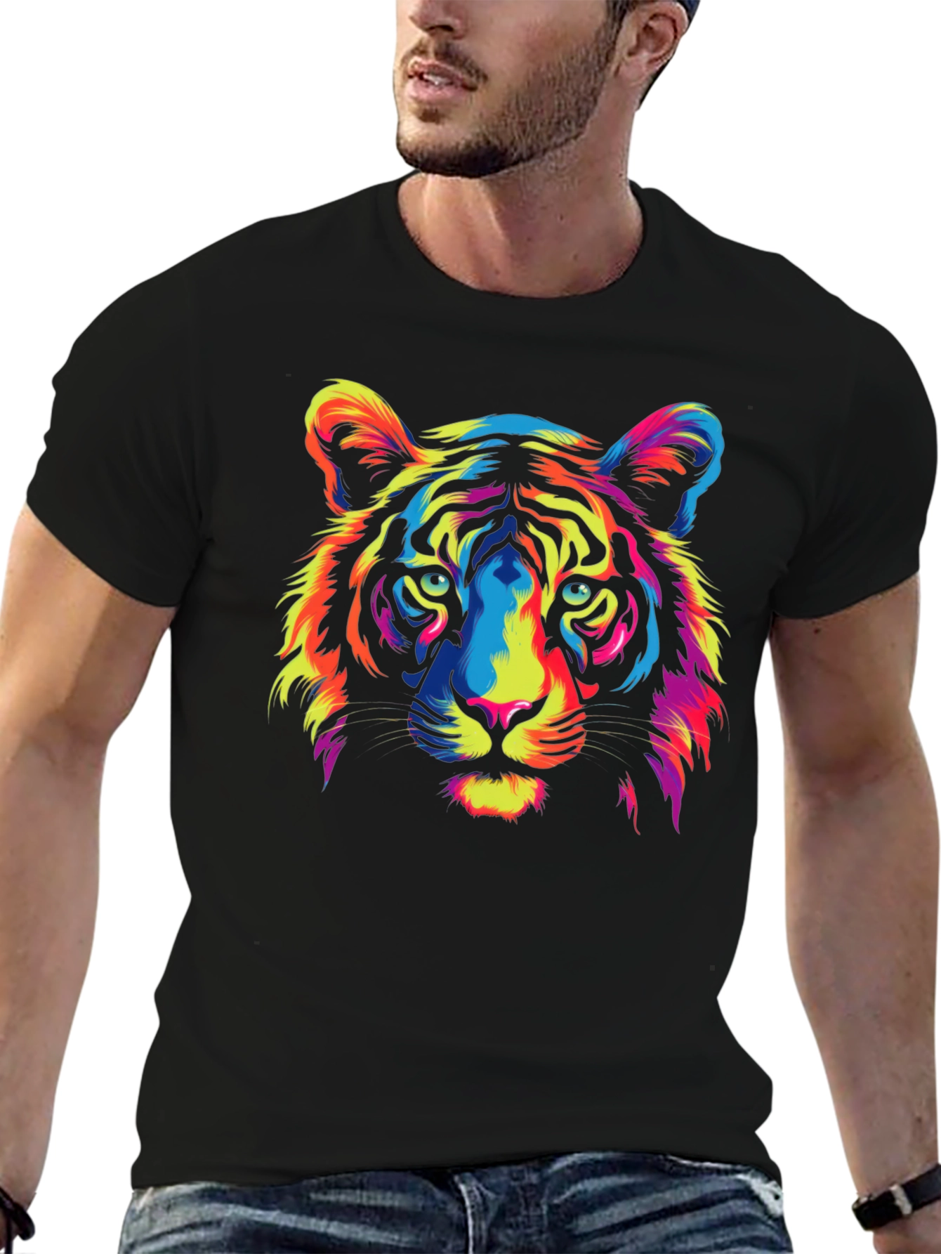 Vivid Tiger Graphic Tee - Black Cotton Crew Neck
