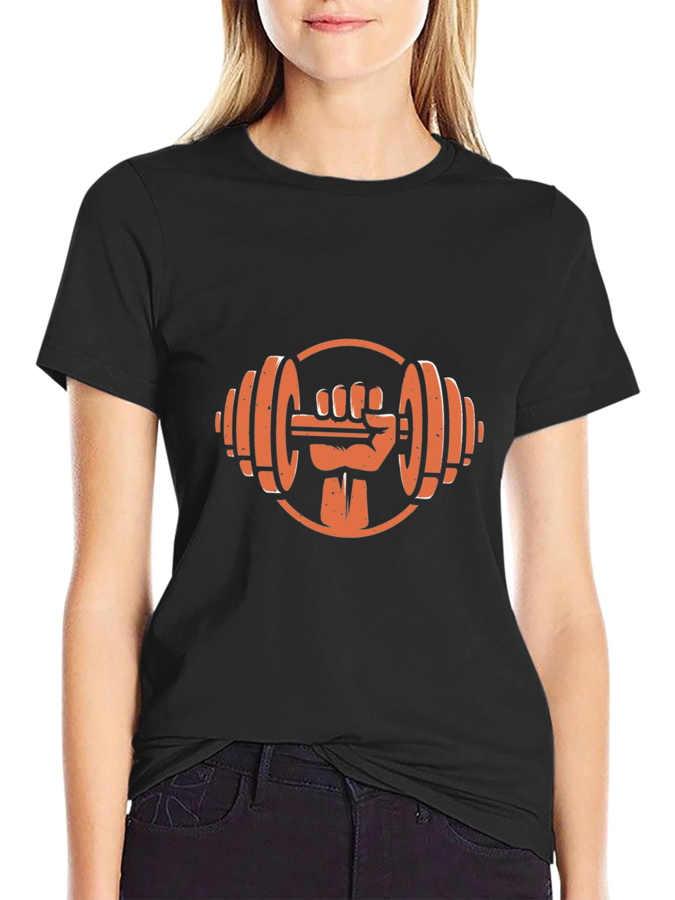 Black T-Shirt with Gym Dumbbell Fist Graphic