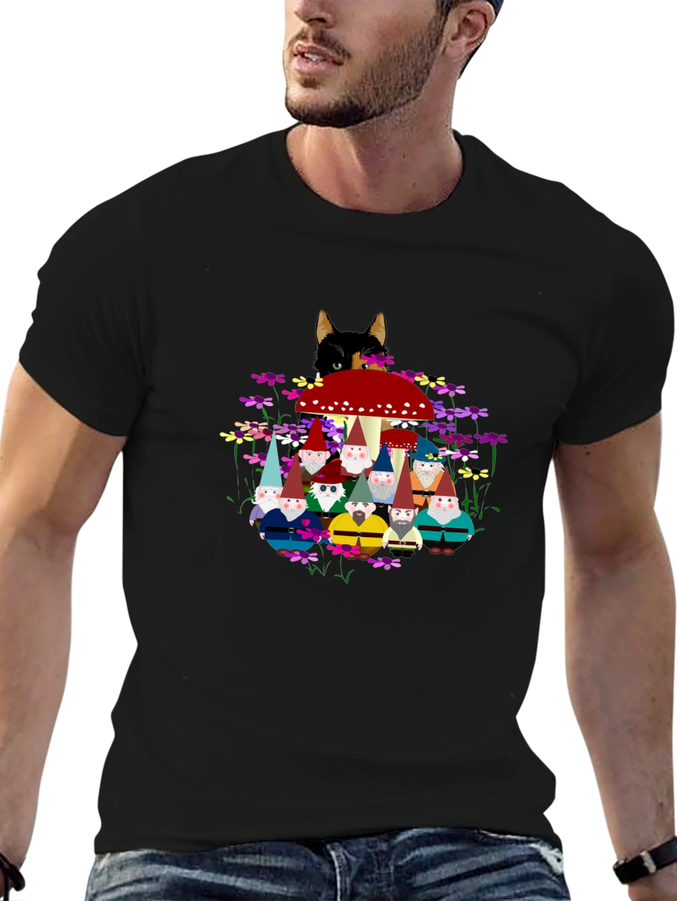 Gnome & Cat Graphic Tee - Funky Crew Neck