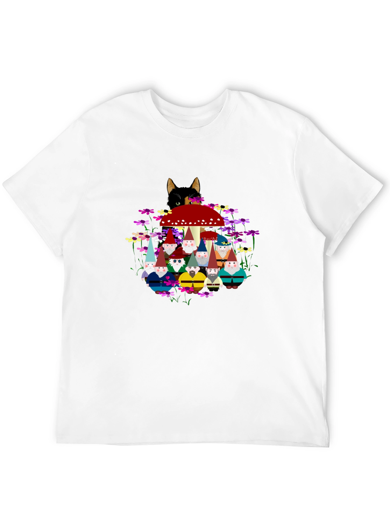 Gnome & Cat Graphic Tee - Funky Crew Neck