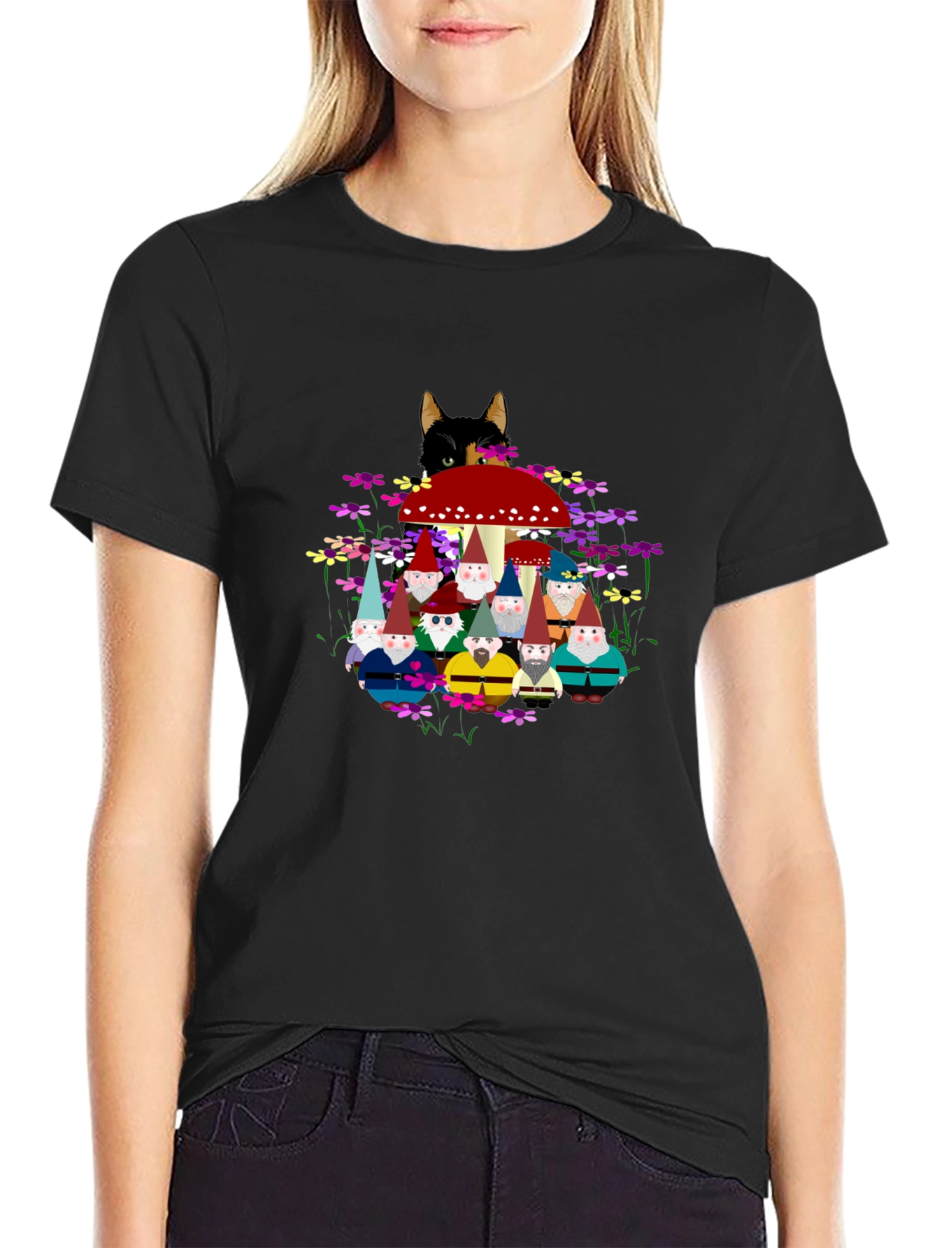 Gnome & Cat Graphic Tee - Funky Crew Neck