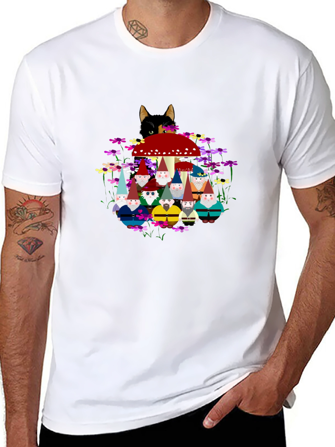 Gnome & Cat Graphic Tee - Funky Crew Neck