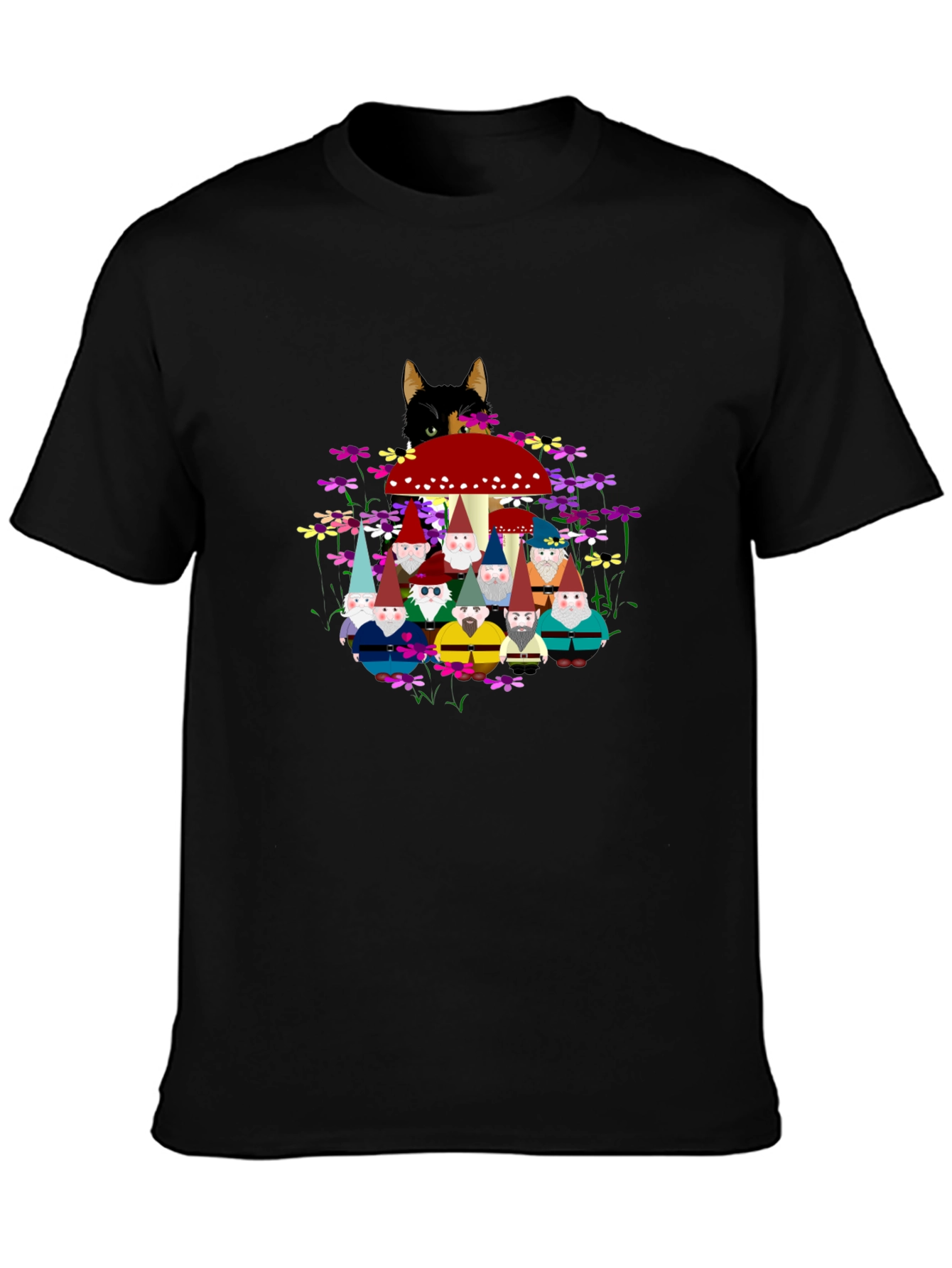Gnome & Cat Graphic Tee - Funky Crew Neck