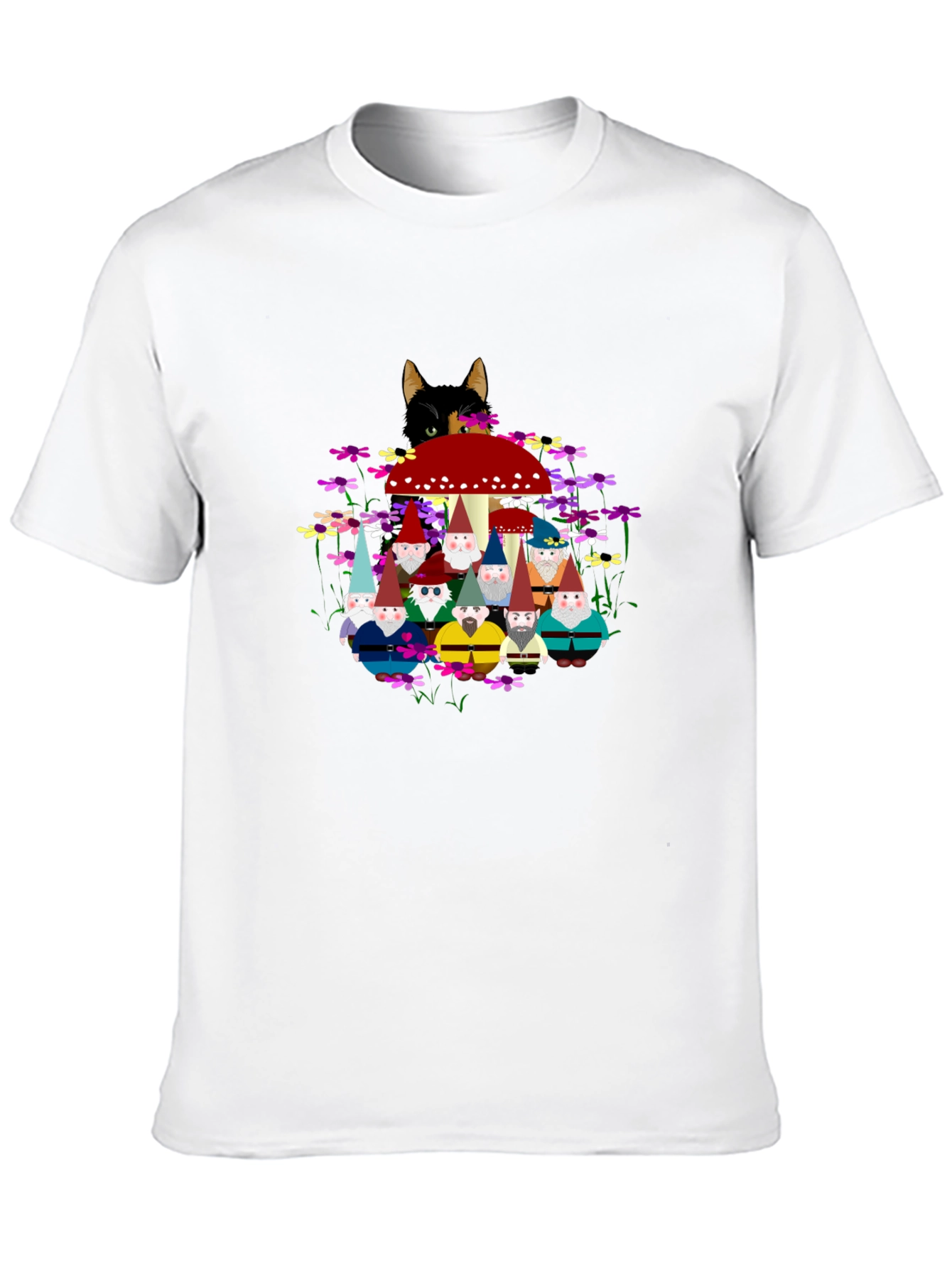 Gnome & Cat Graphic Tee - Funky Crew Neck
