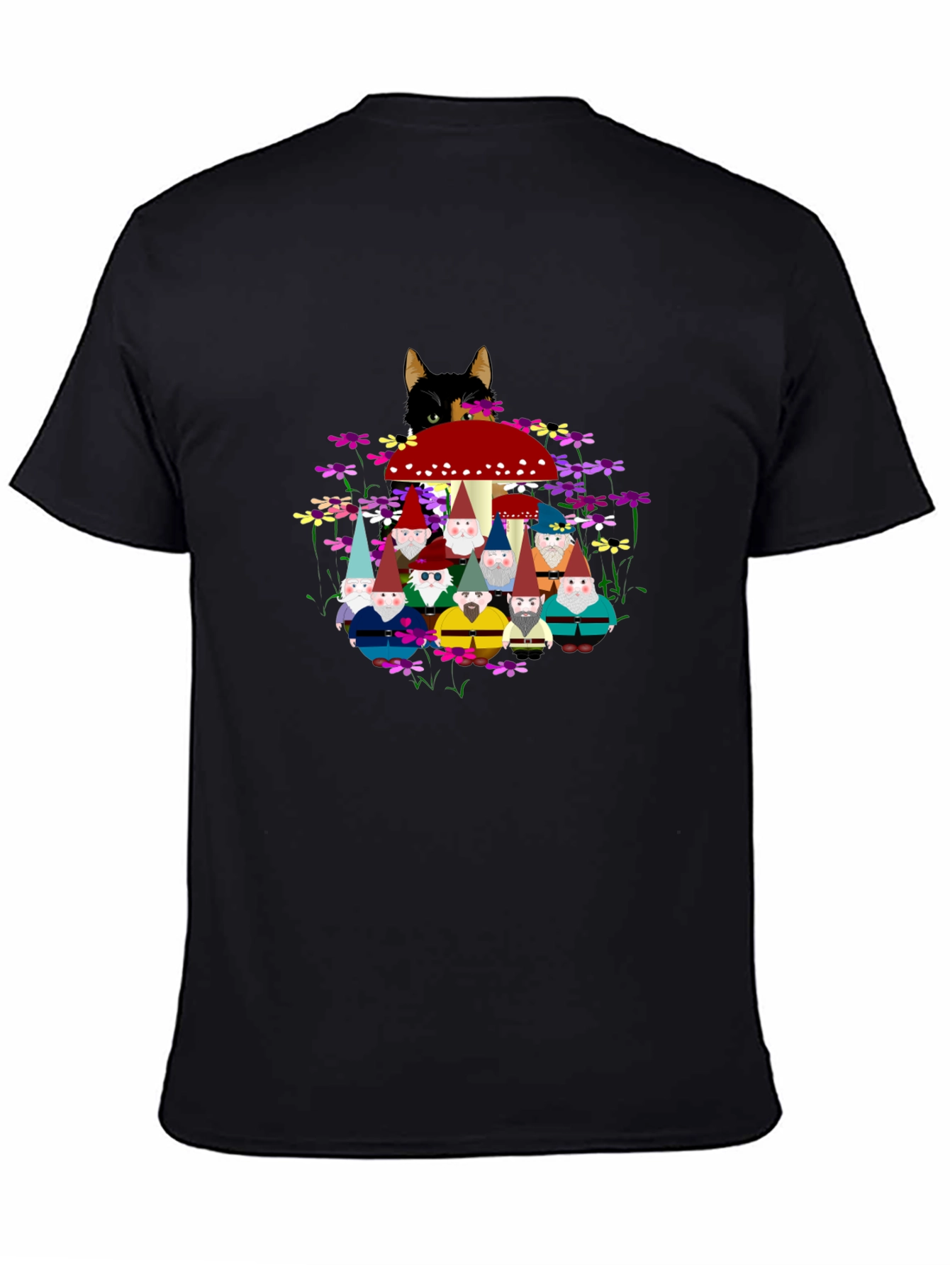 Gnome & Cat Graphic Tee - Funky Crew Neck