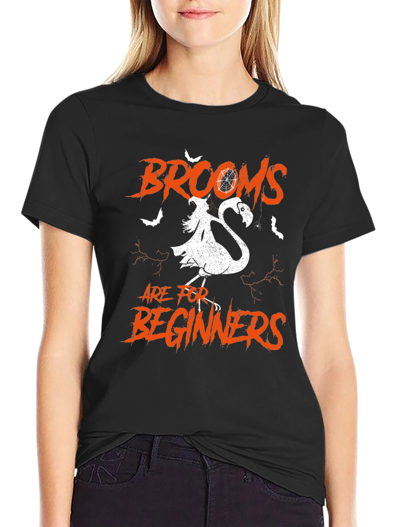 Brooms are for Beginners Halloween Flamingo T-Shirt