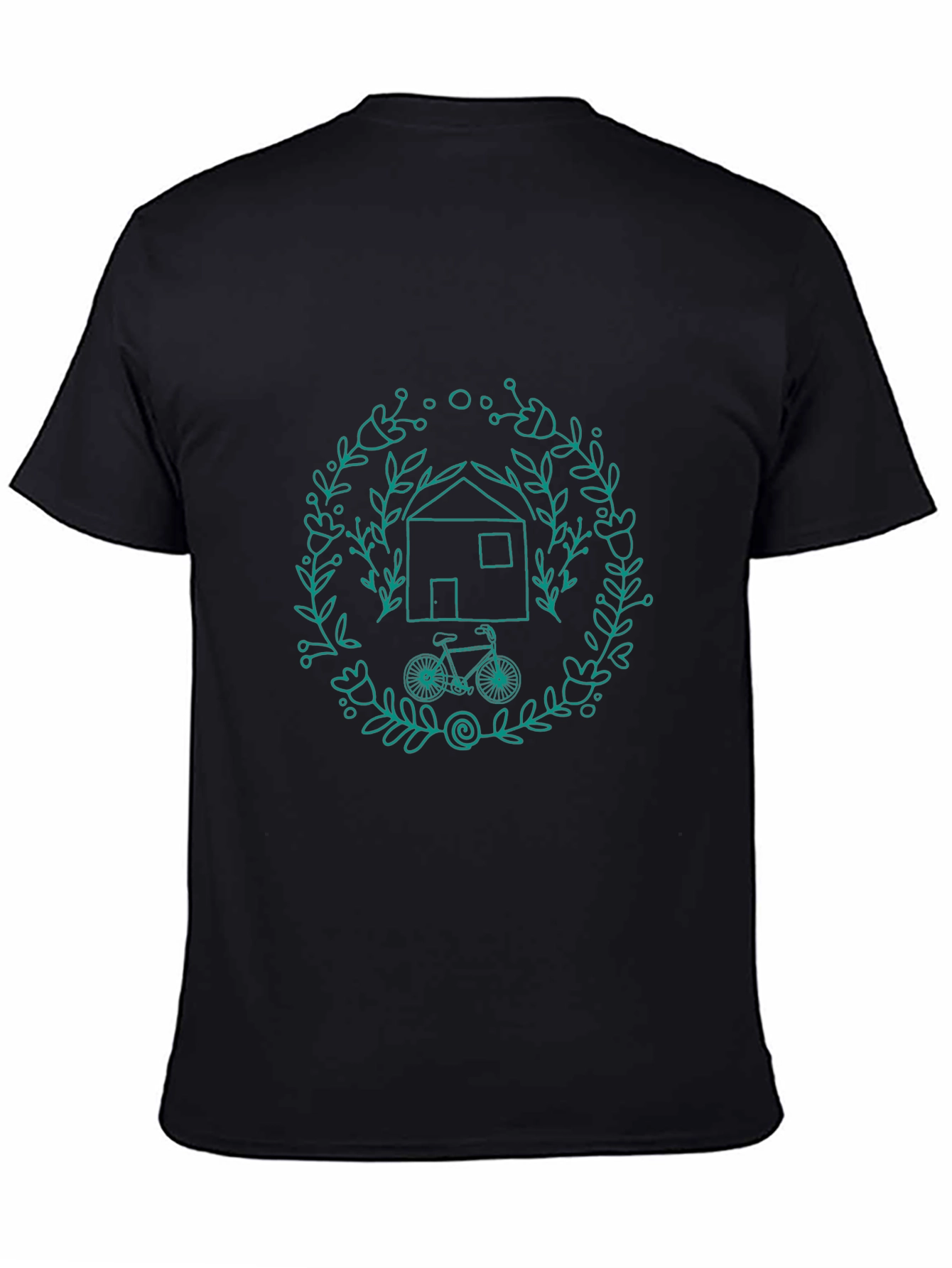Black T-Shirt with House and Bike Design