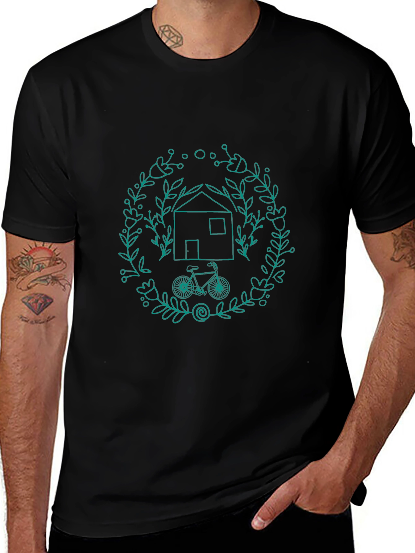 Black T-Shirt with House and Bike Design