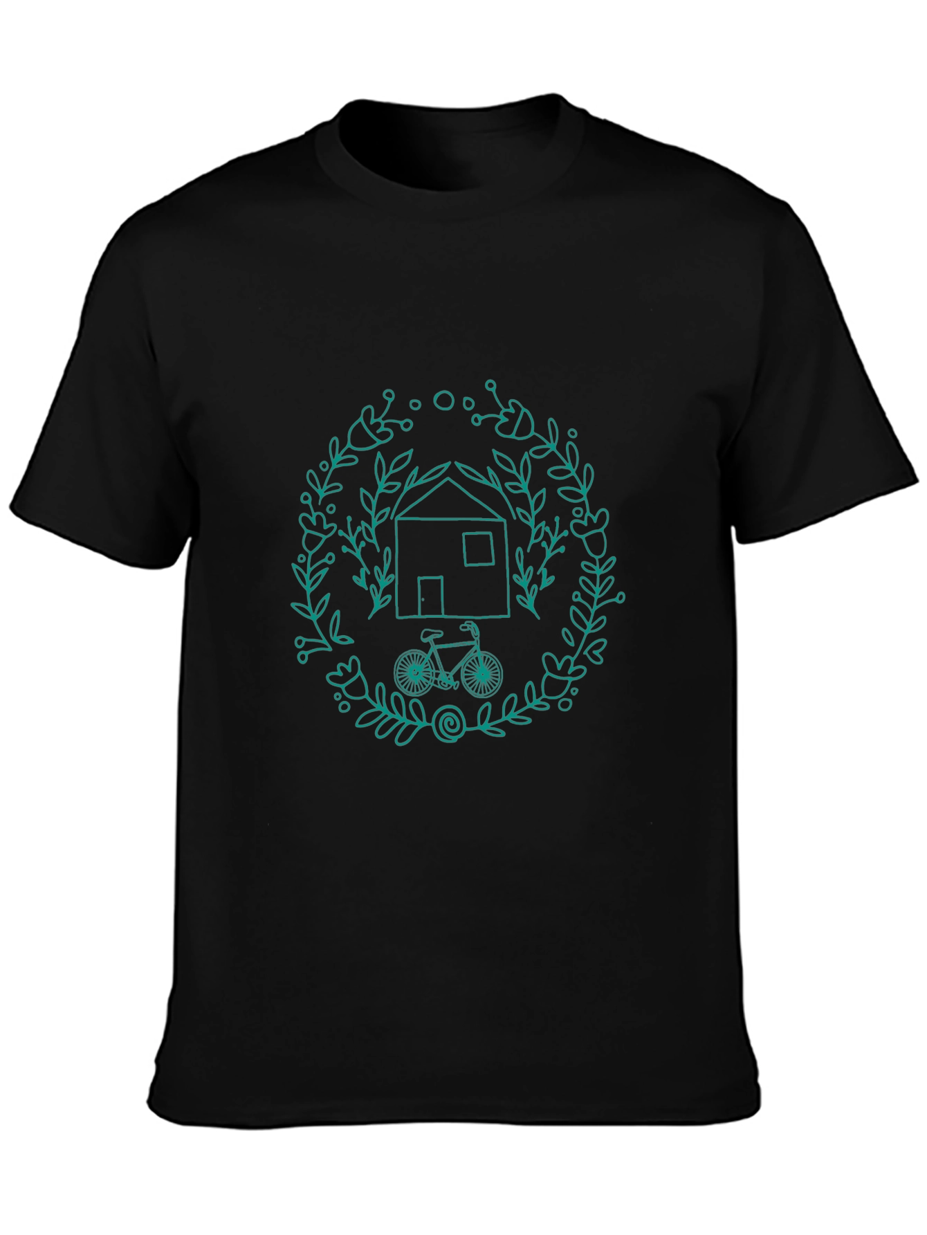 Black T-Shirt with House and Bike Design