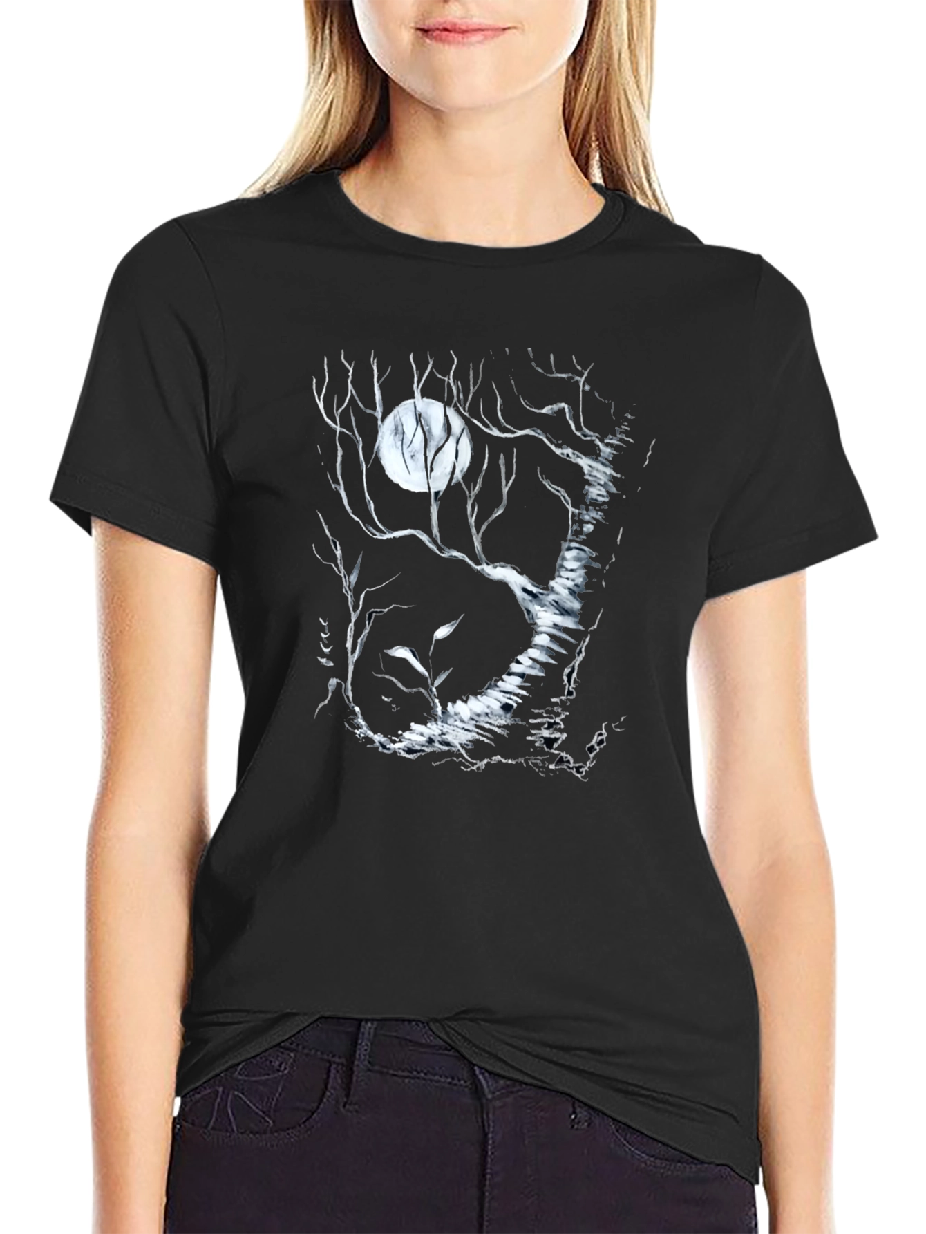 Moonlit Forest Graphic Tee - Black Cotton T-Shirt