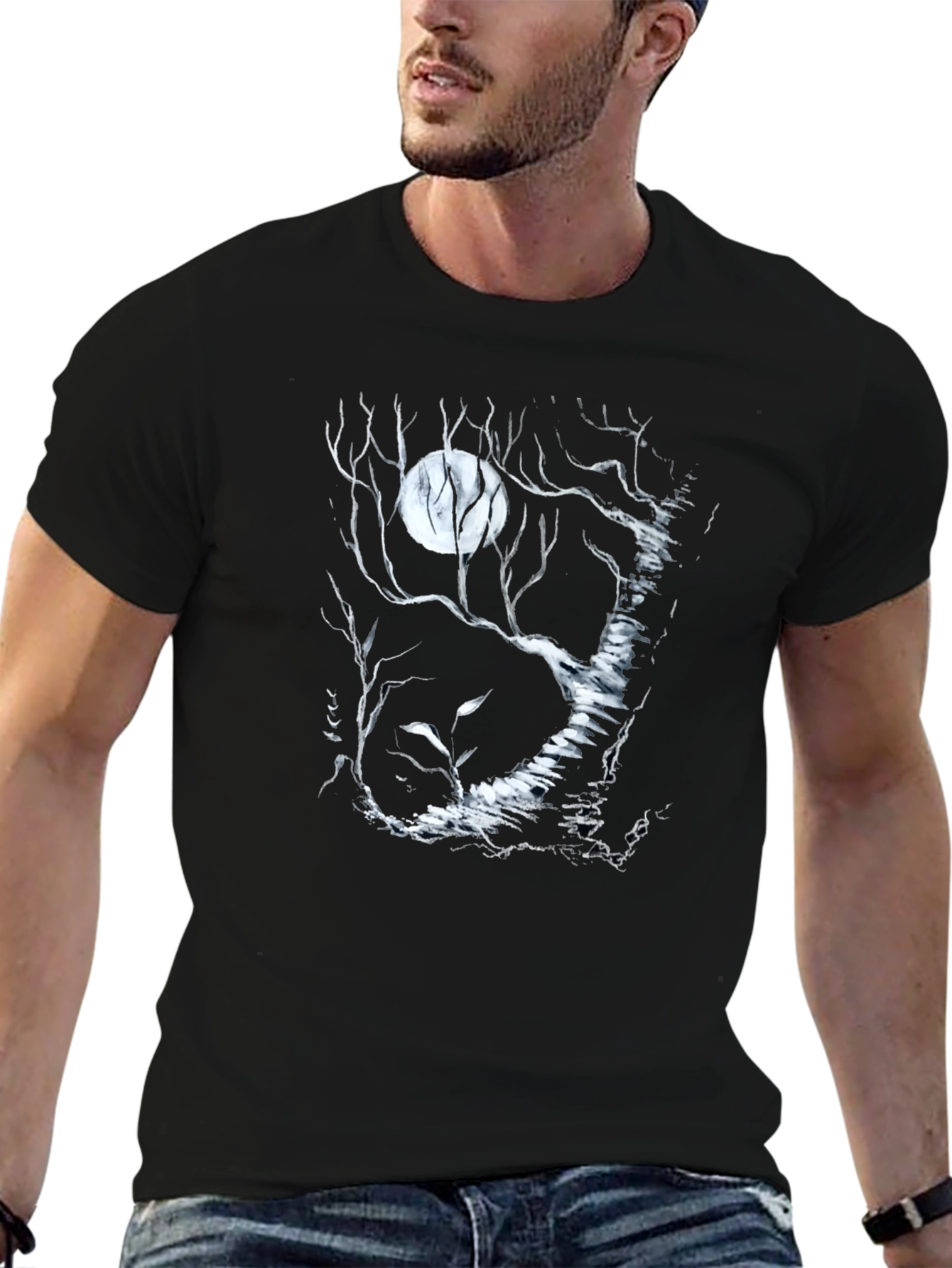 Moonlit Forest Graphic Tee - Black Cotton T-Shirt