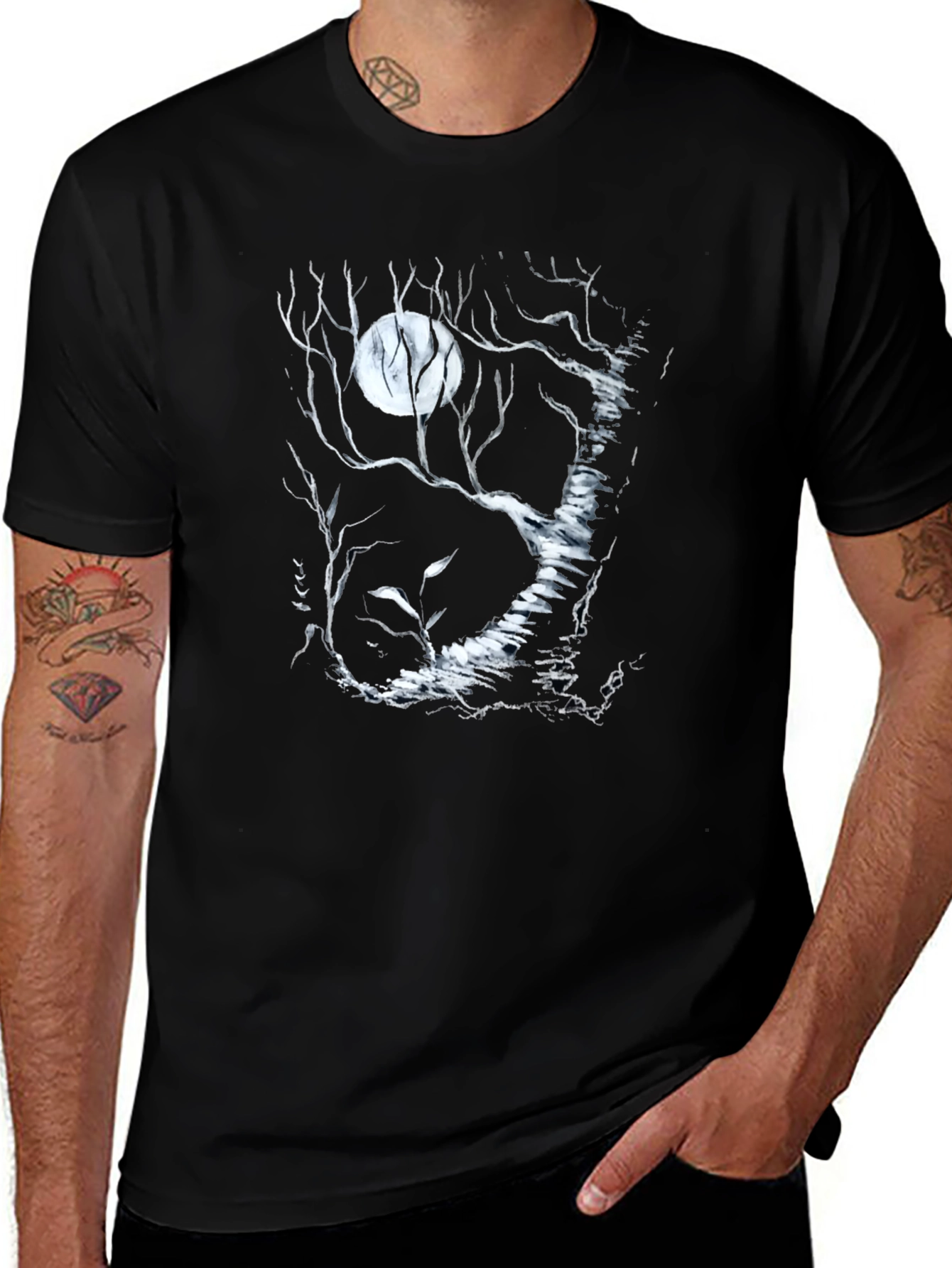 Moonlit Forest Graphic Tee - Black Cotton T-Shirt