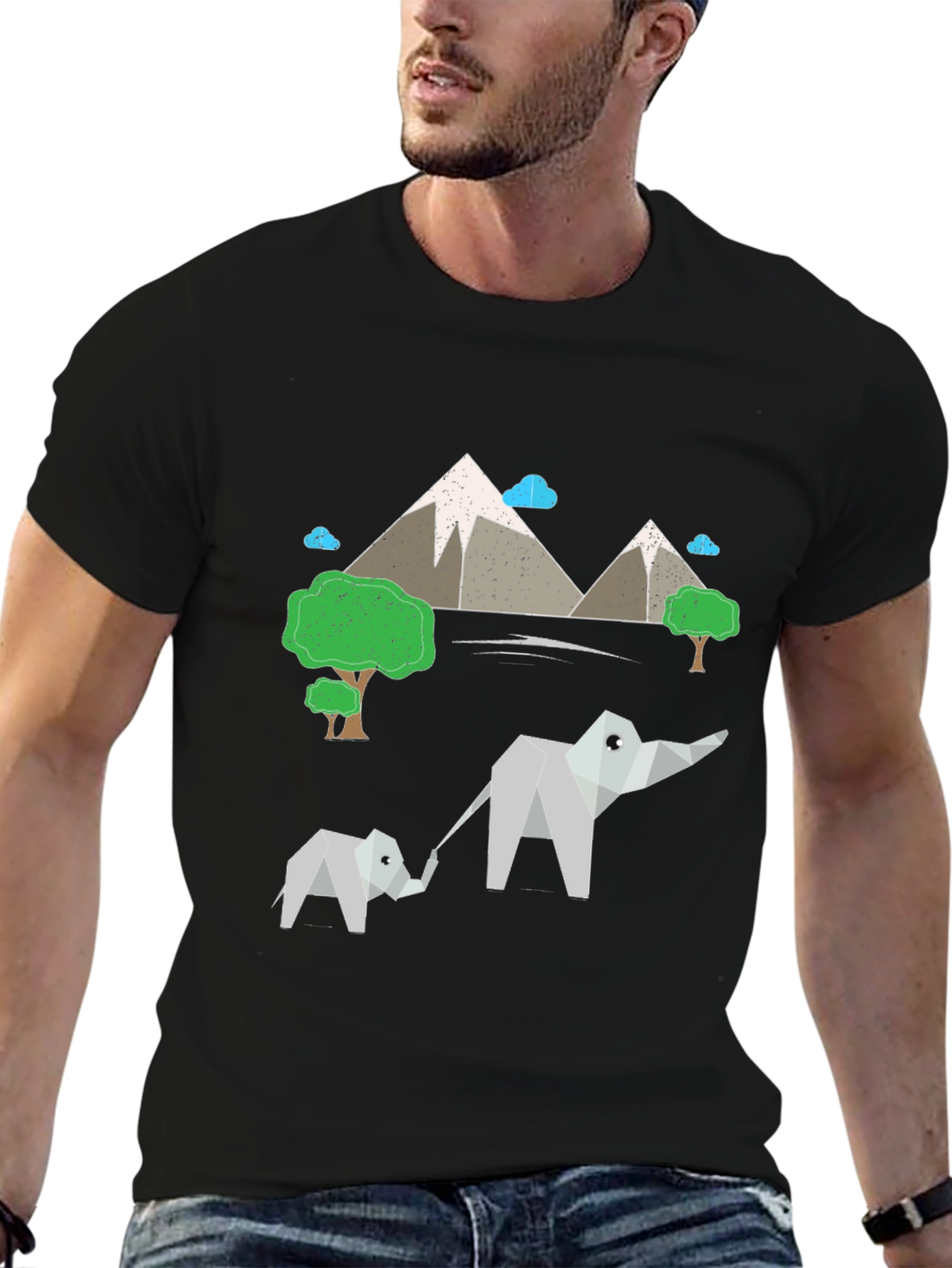 Origami Elephant & Mountain Black T-Shirt