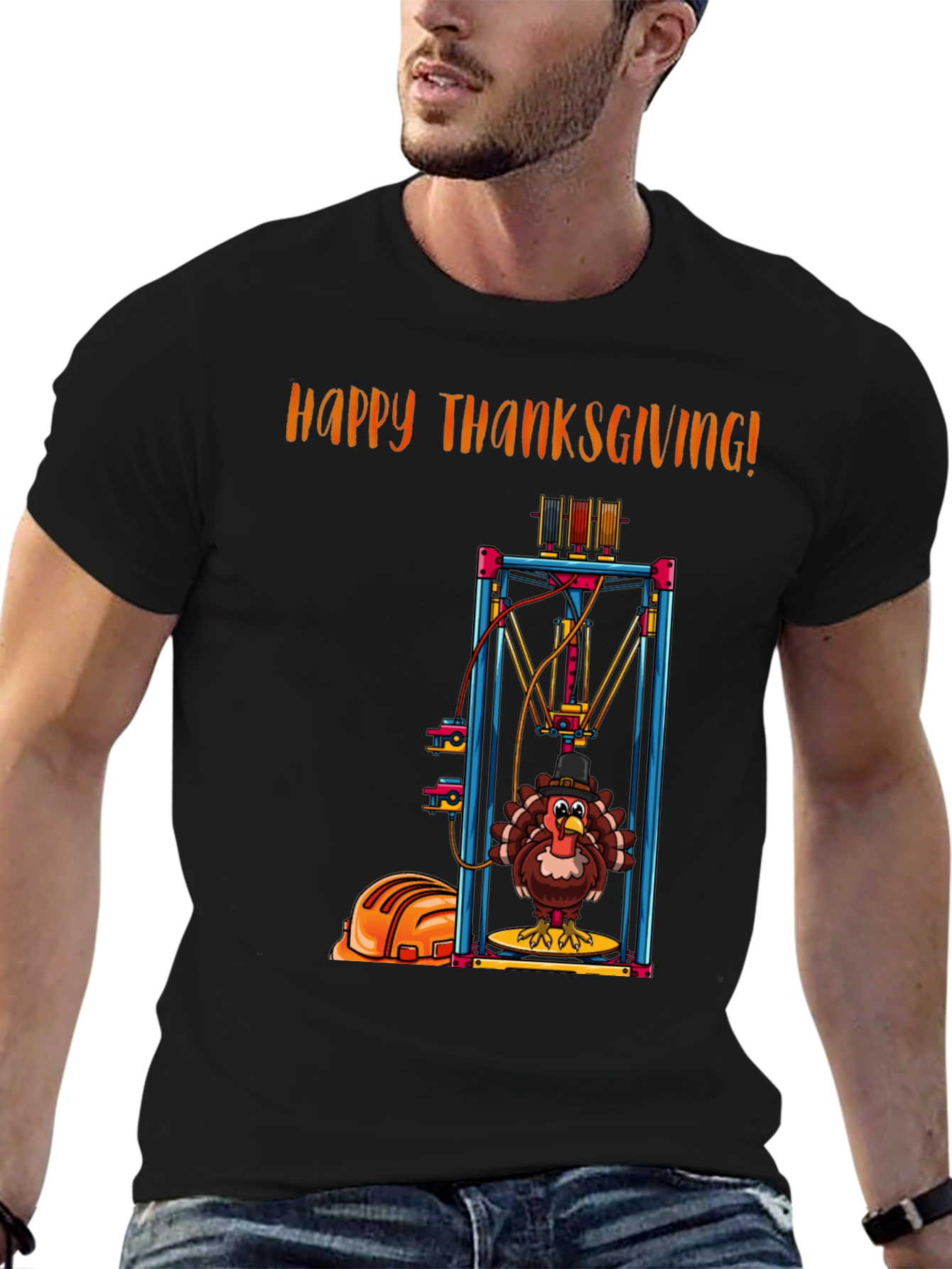 Happy Thanksgiving Turkey 3D Print Black T-Shirt