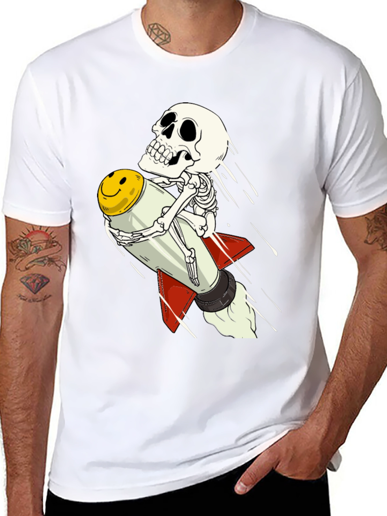 Skeleton Riding Smiley Face Rocket T-Shirt