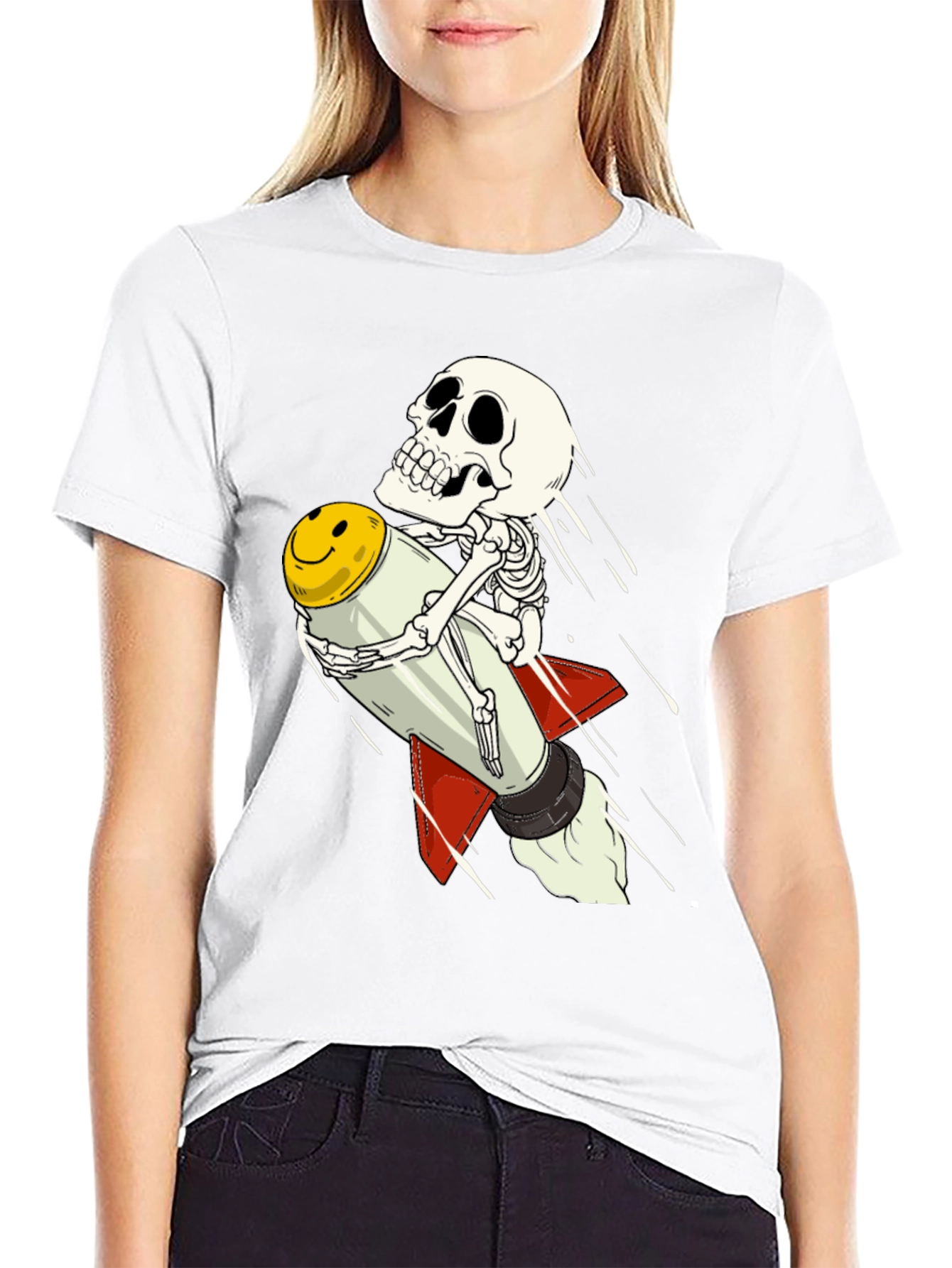Skeleton Riding Smiley Face Rocket T-Shirt
