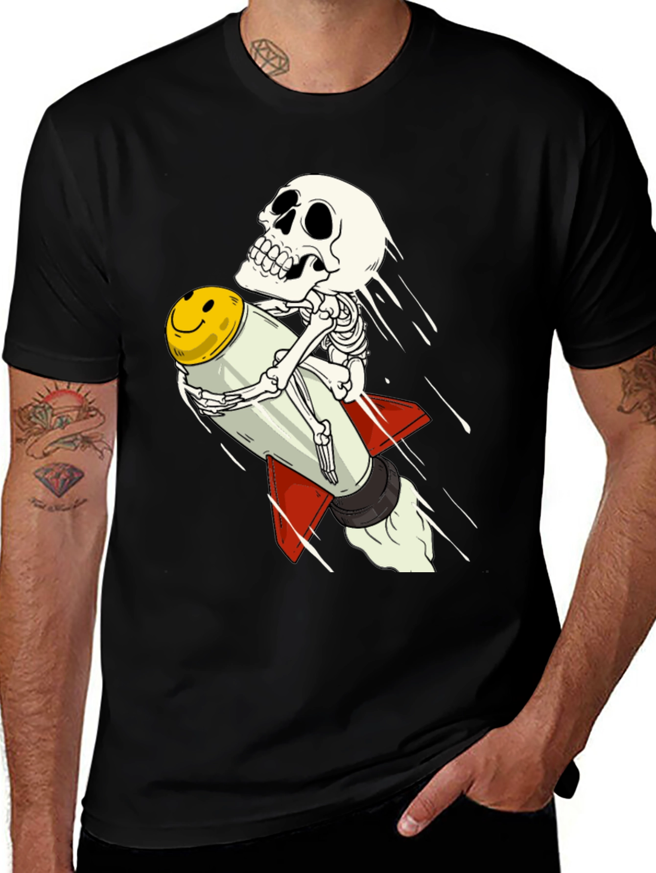 Skeleton Riding Smiley Face Rocket T-Shirt