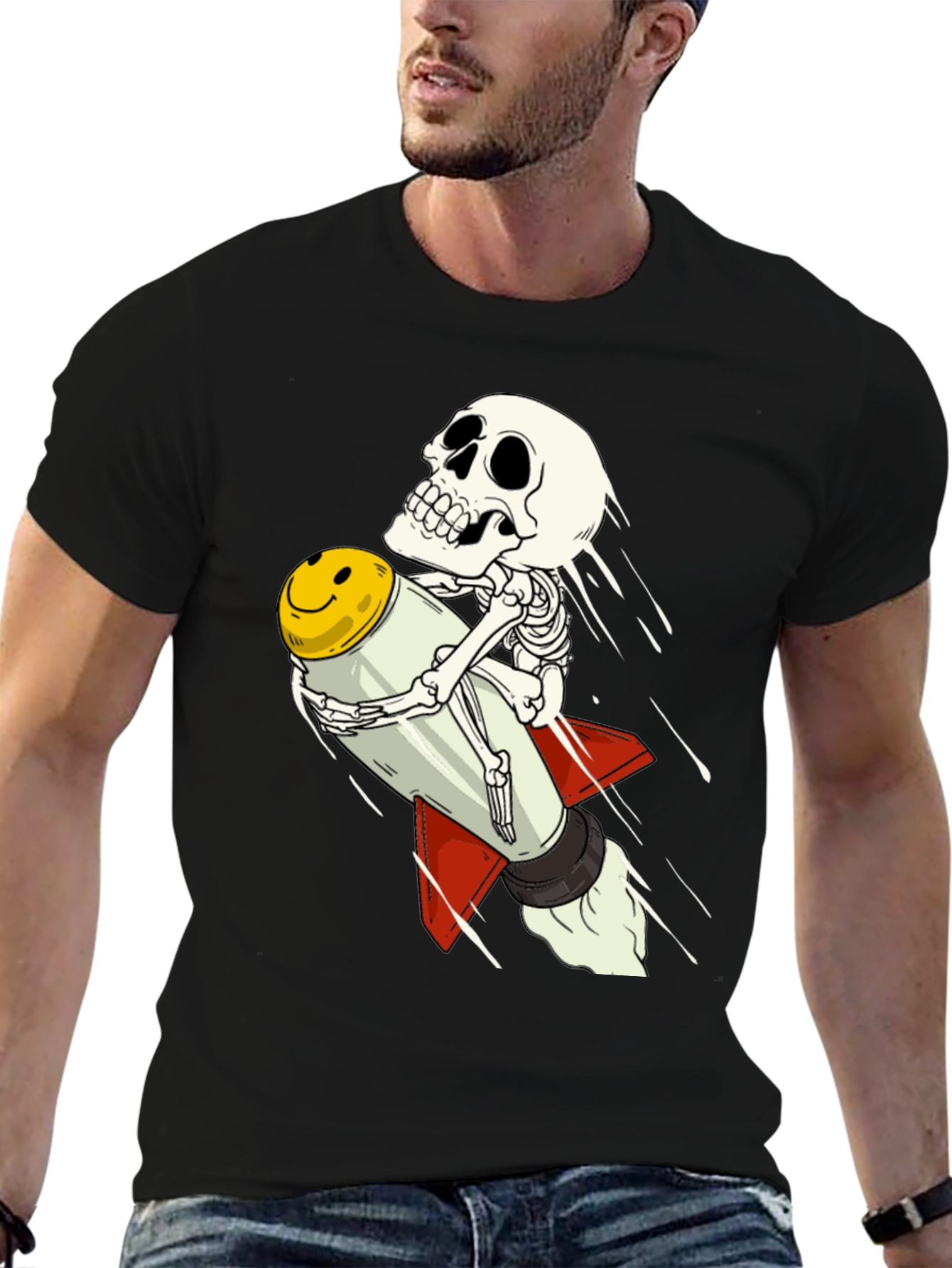 Skeleton Riding Smiley Face Rocket T-Shirt