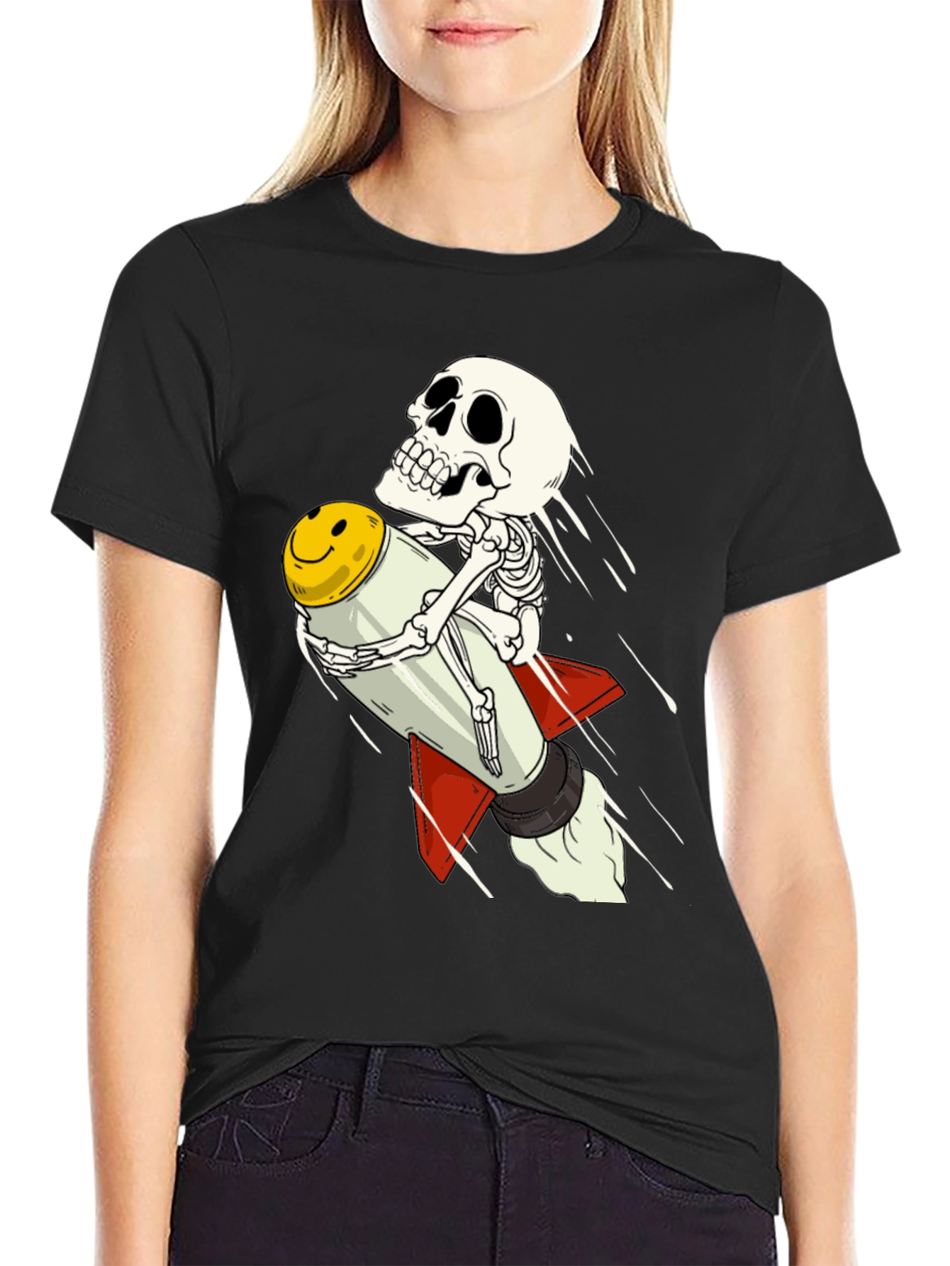 Skeleton Riding Smiley Face Rocket T-Shirt