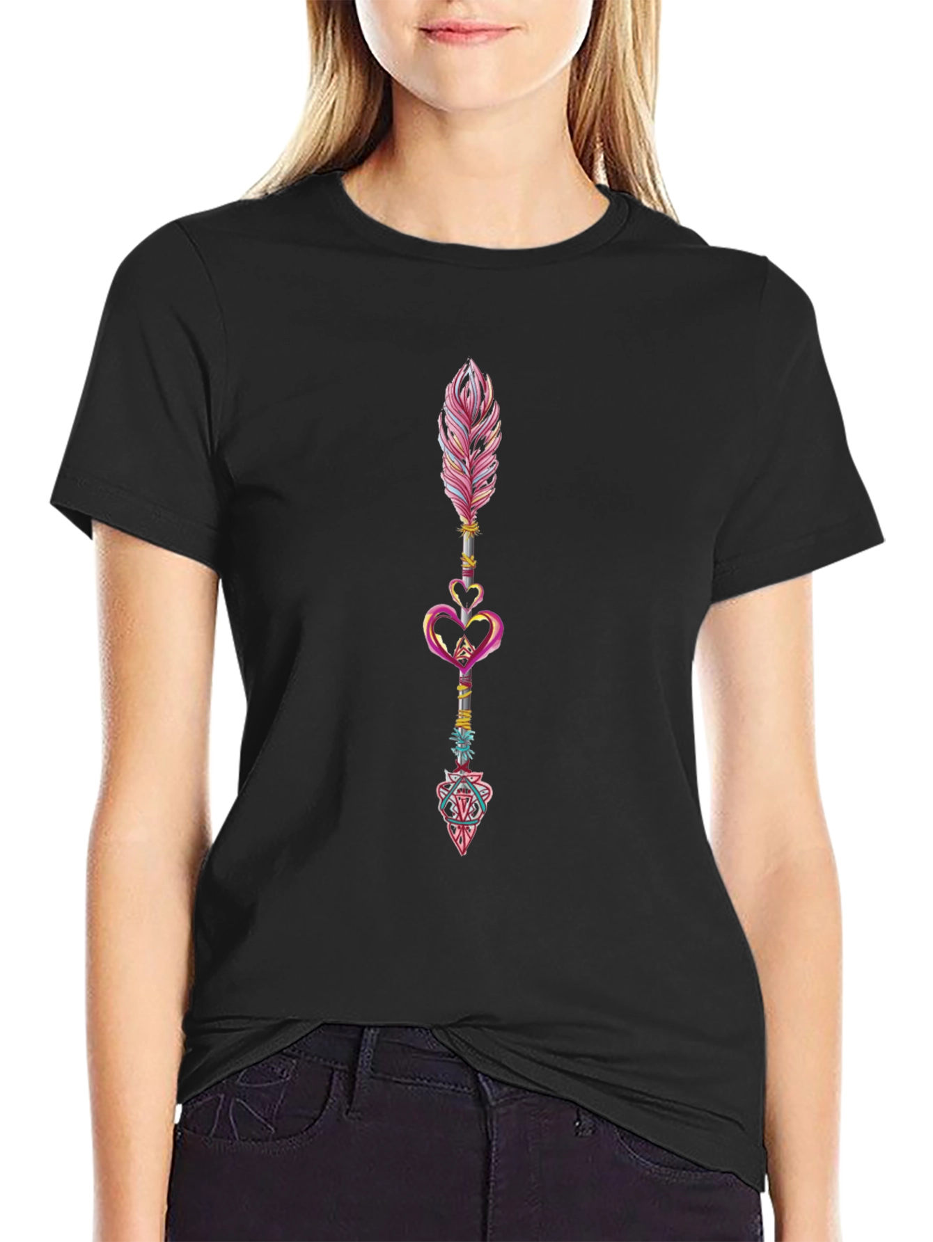 Feather & Heart Arrow Graphic Black Tee
