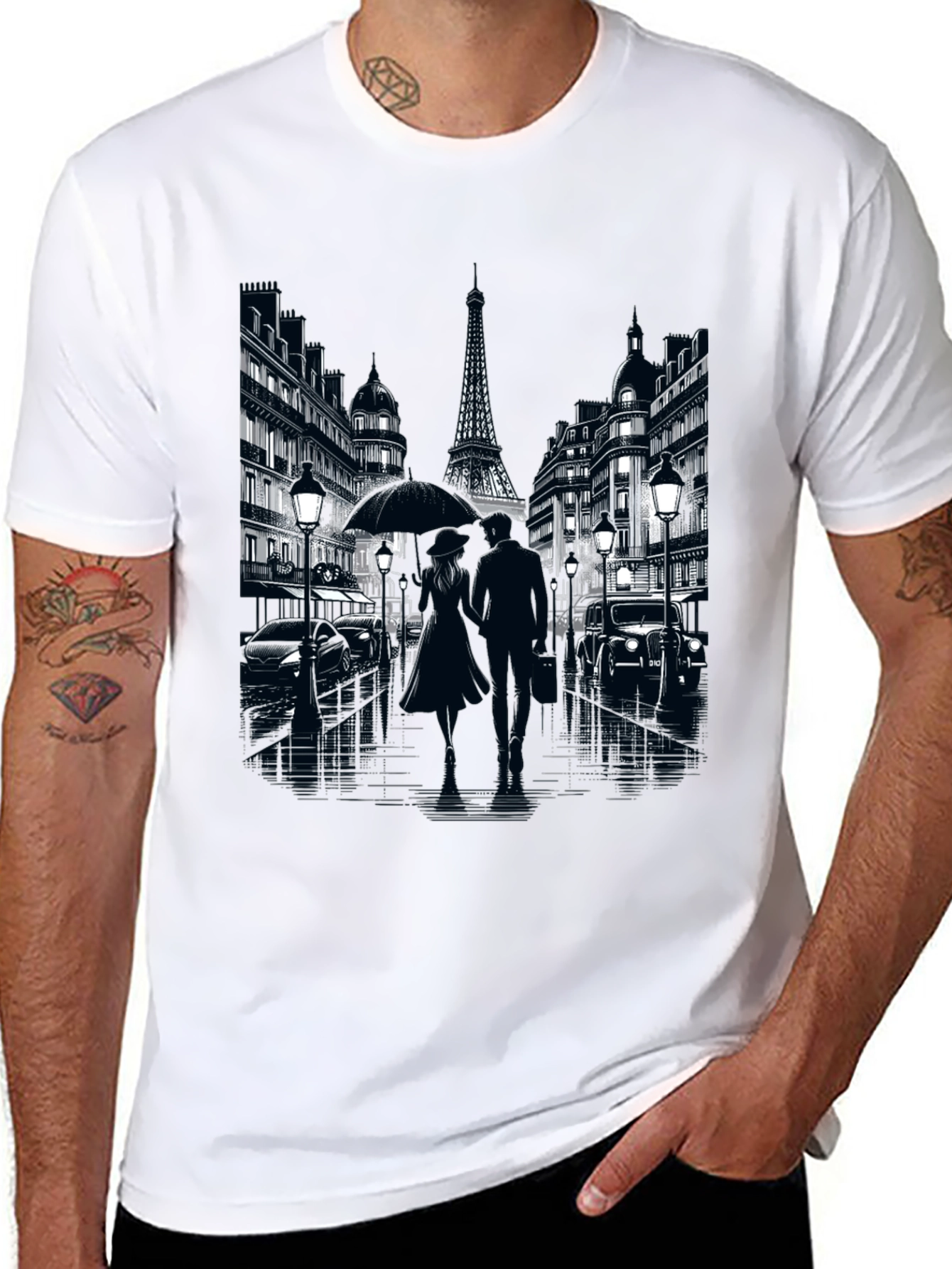 Paris Romance Graphic T-Shirt - Eiffel Tower Cityscape Tee