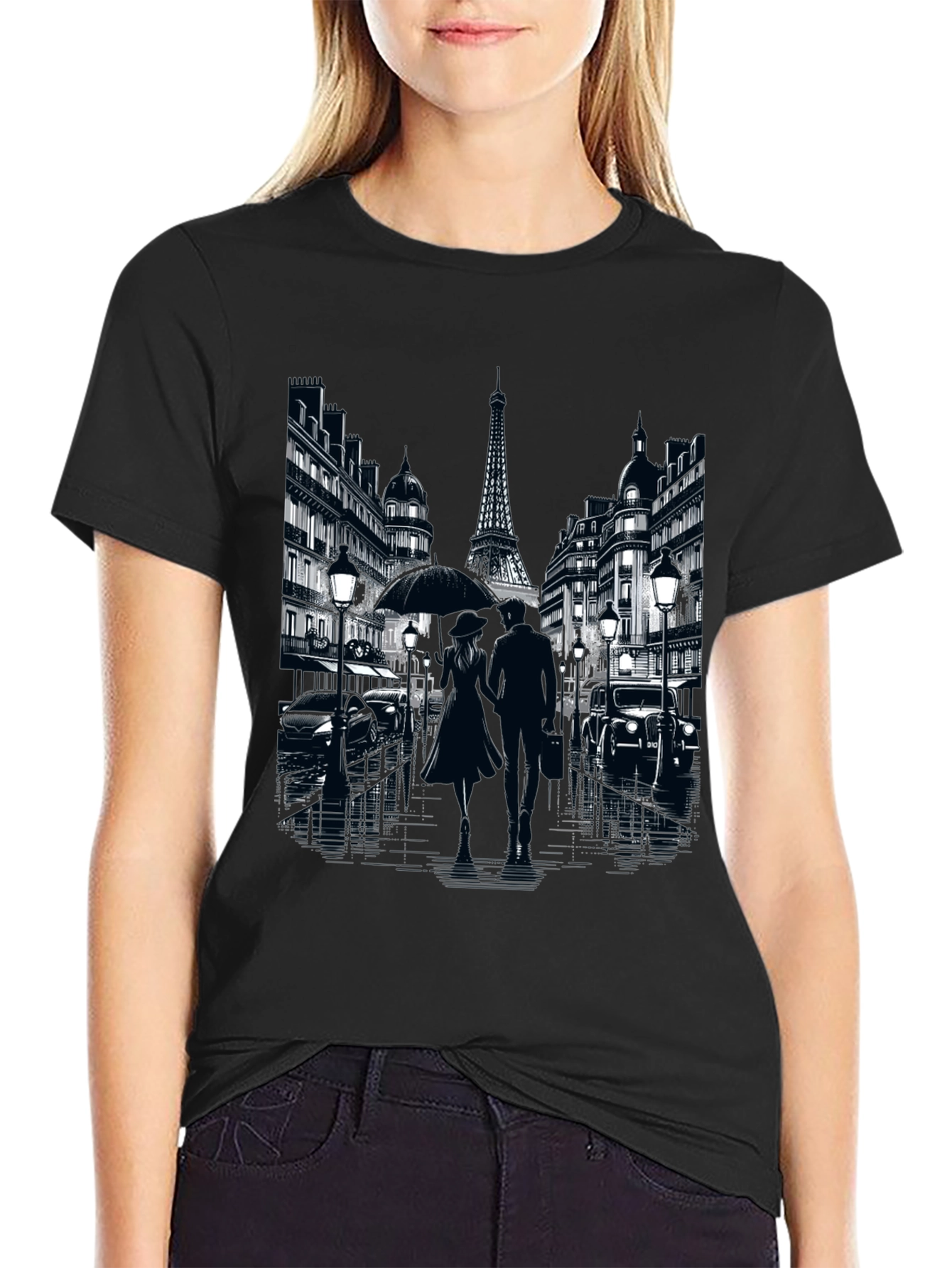 Paris Romance Graphic T-Shirt - Eiffel Tower Cityscape Tee