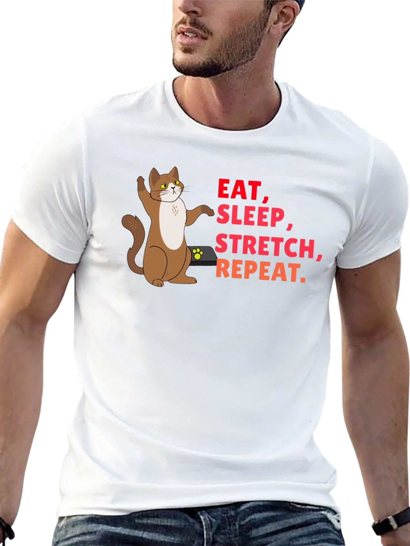 Eat Sleep Stretch Repeat Cat Graphic T-Shirt