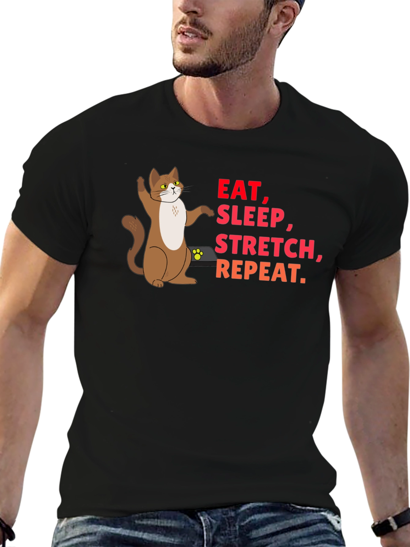 Eat Sleep Stretch Repeat Cat Graphic T-Shirt