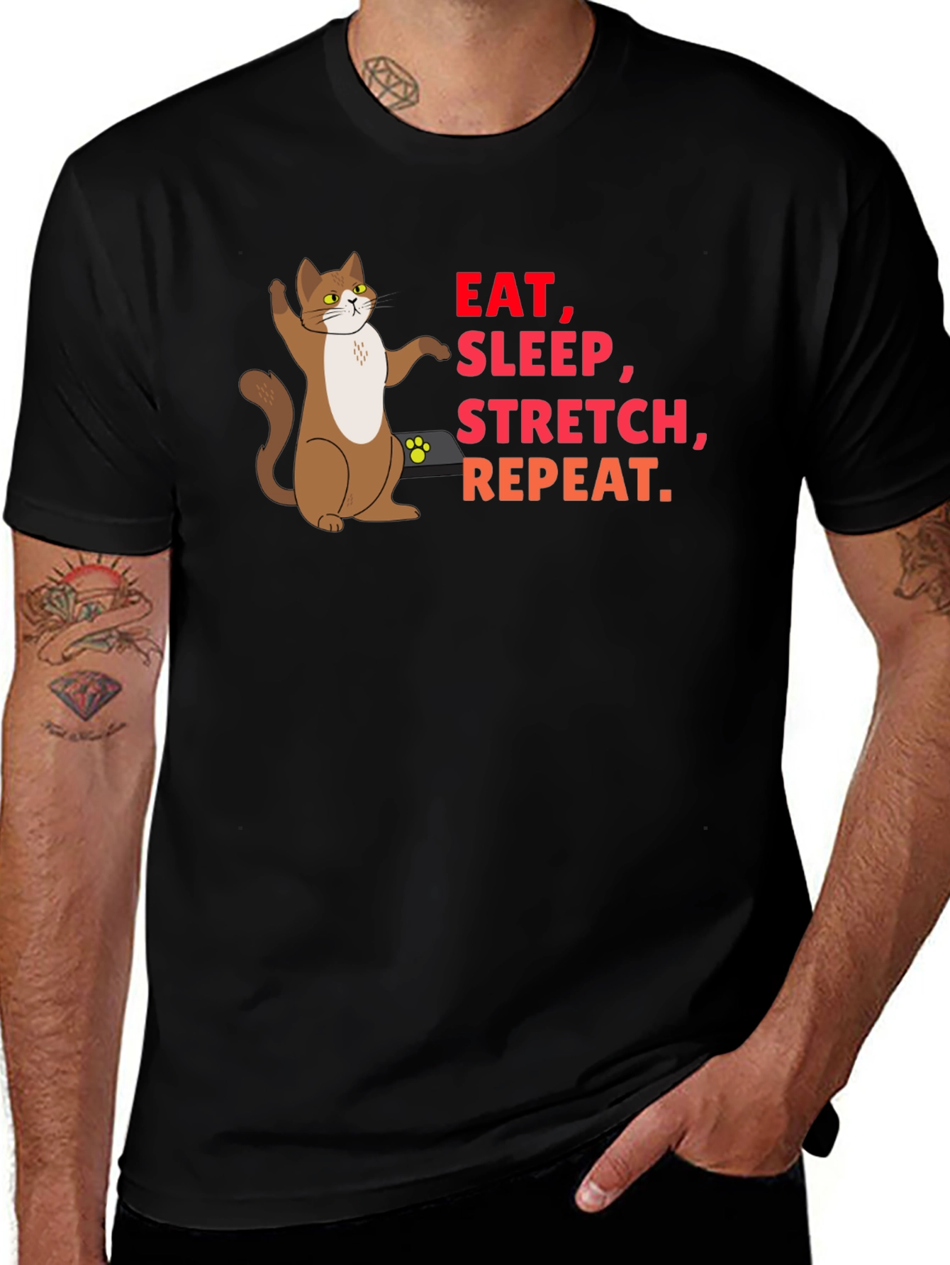 Eat Sleep Stretch Repeat Cat Graphic T-Shirt