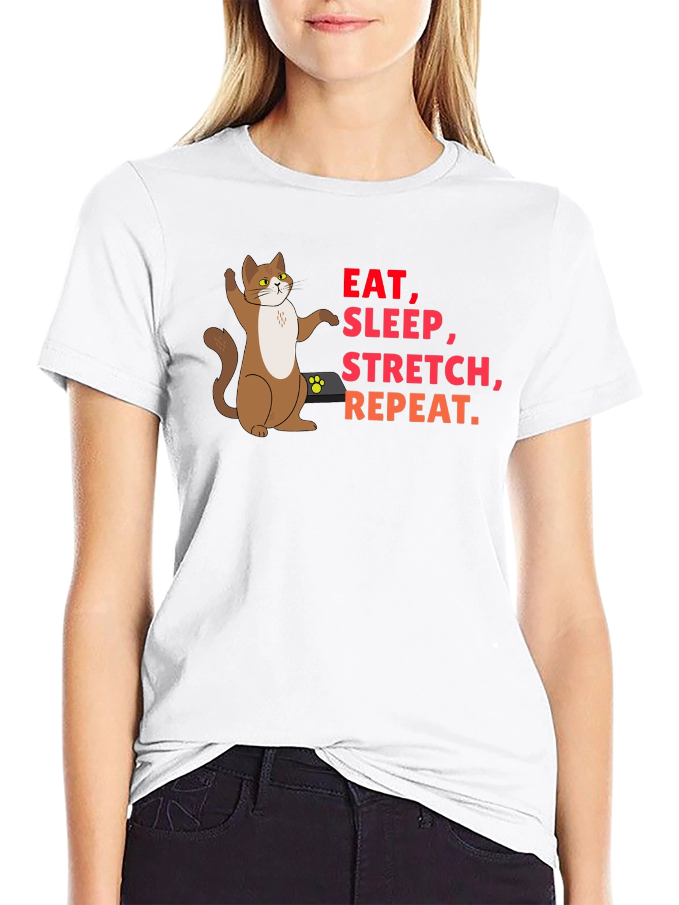 Eat Sleep Stretch Repeat Cat Graphic T-Shirt