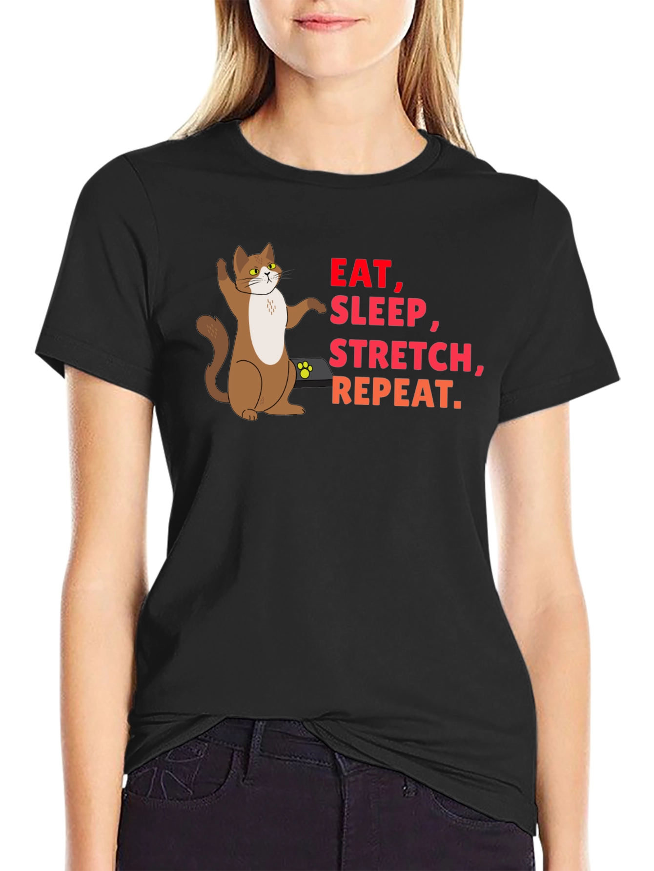 Eat Sleep Stretch Repeat Cat Graphic T-Shirt