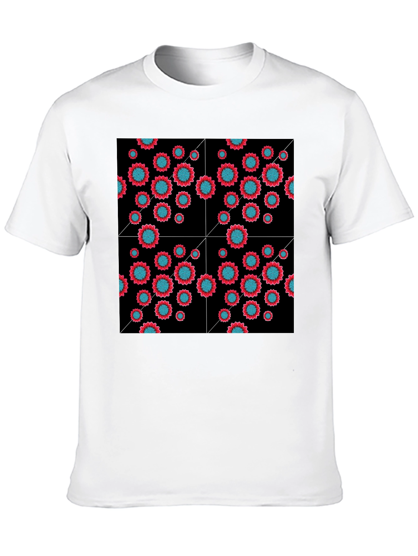 Floral Grid Black T-Shirt - Modern Geometric Style